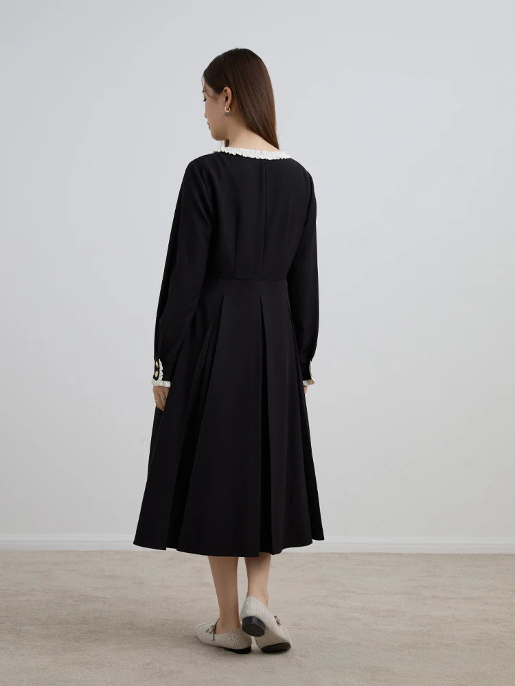 DUSHU Sweet Romantic Waist Pulling Dress Winter 2023 New Hepburn Style Temperament Black Dress Casual Loose Women Dress