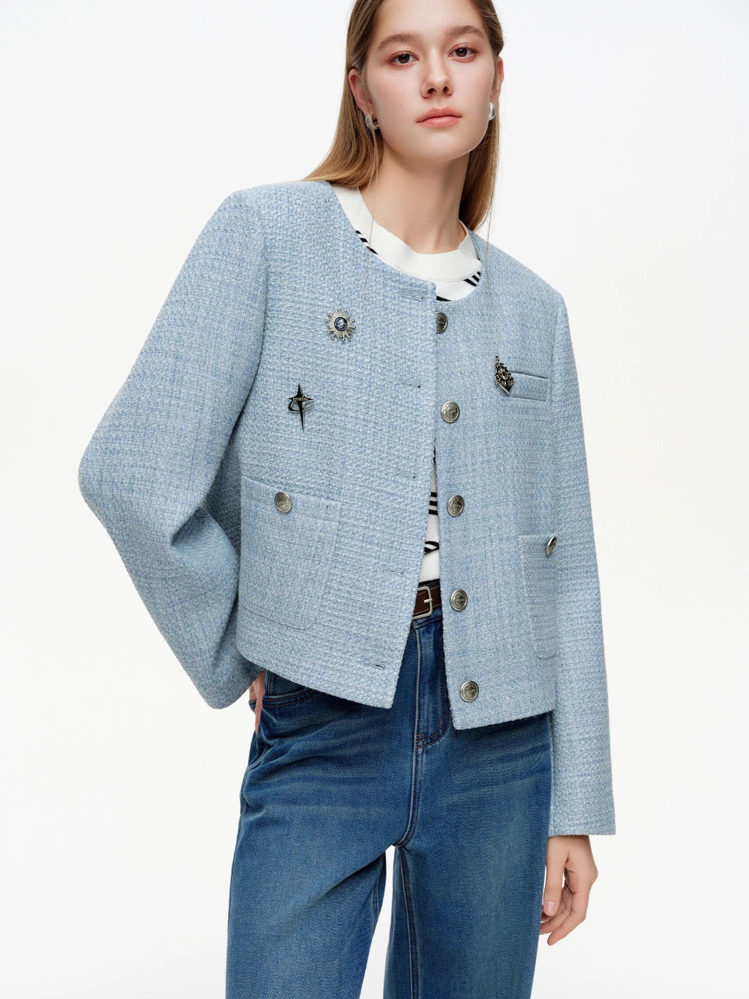 DUSHU 【Morning Mist Blues】Pin-Decorated Round Collar Jacket 2026 Spring New Arrival Early Spring Long Sleeved Coat Commute Style