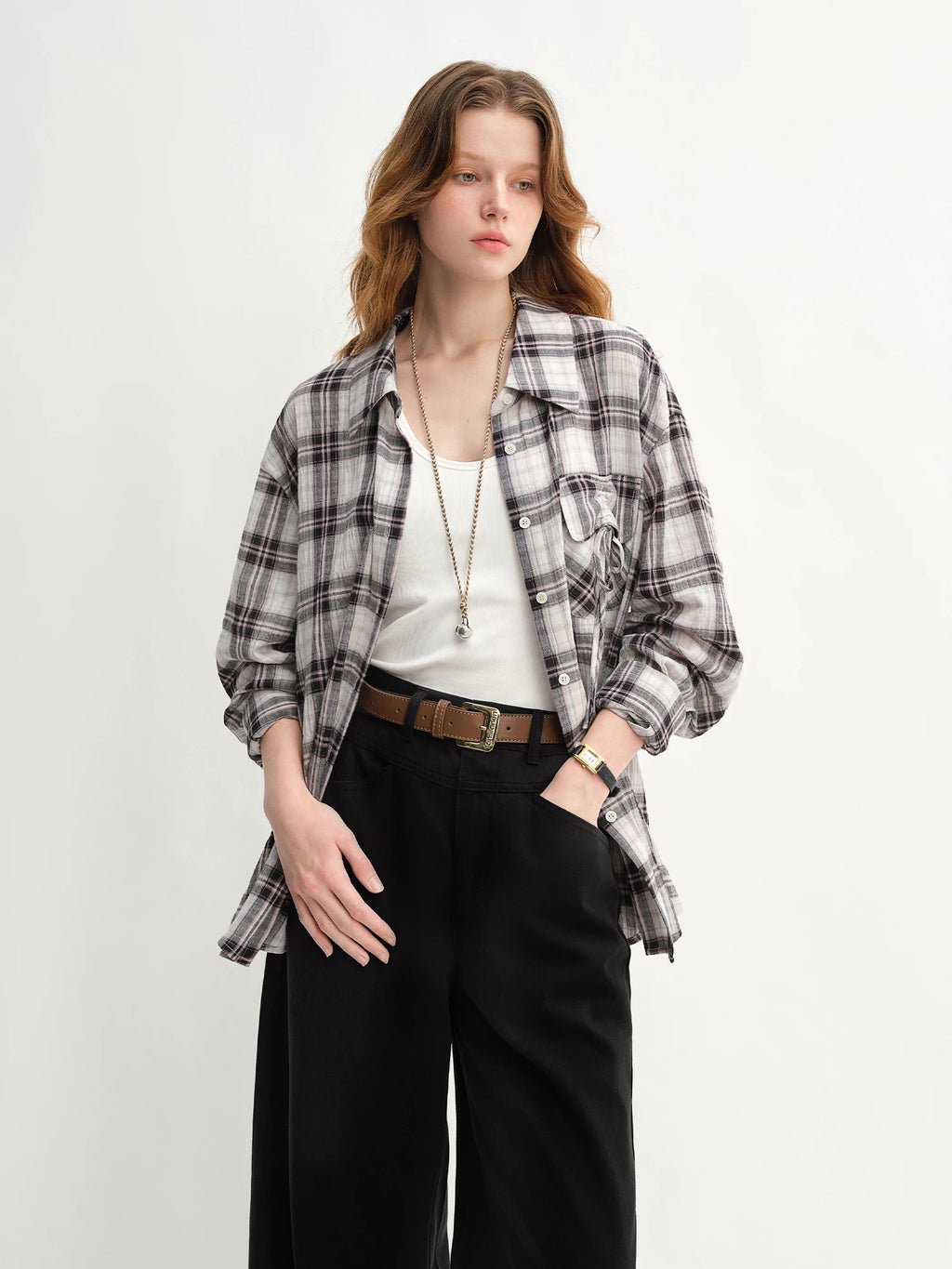 DUSHU Plus Size Women's Pocked Drawstring Plaid Collar Shirt Autumn 2025 New Arrival Top Women's Shirts 25DS83209