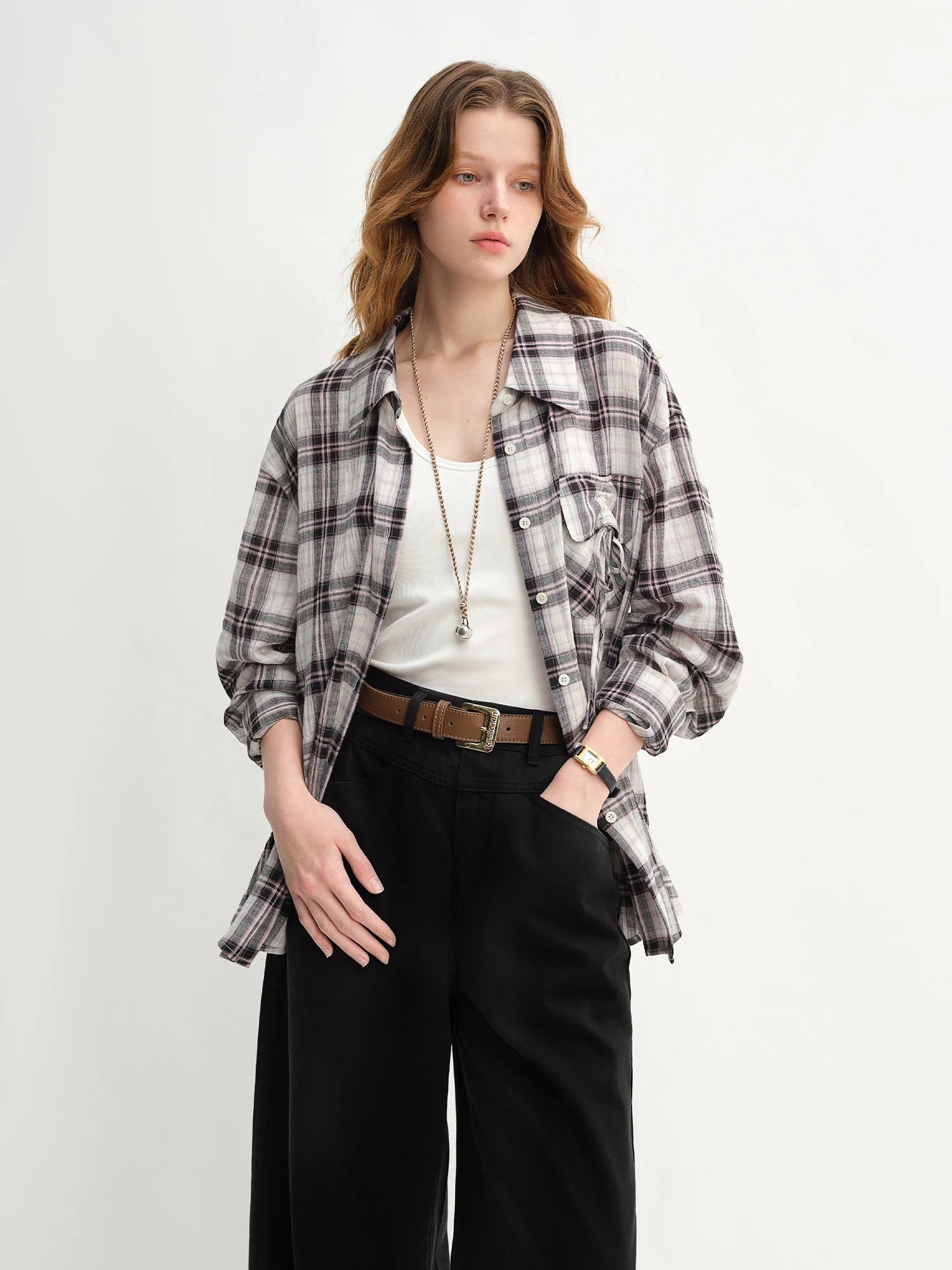 DUSHU Plus Size Women's Pocked Drawstring Plaid Collar Shirt Autumn 2025 New Arrival Top Women's Shirts 25DS83209