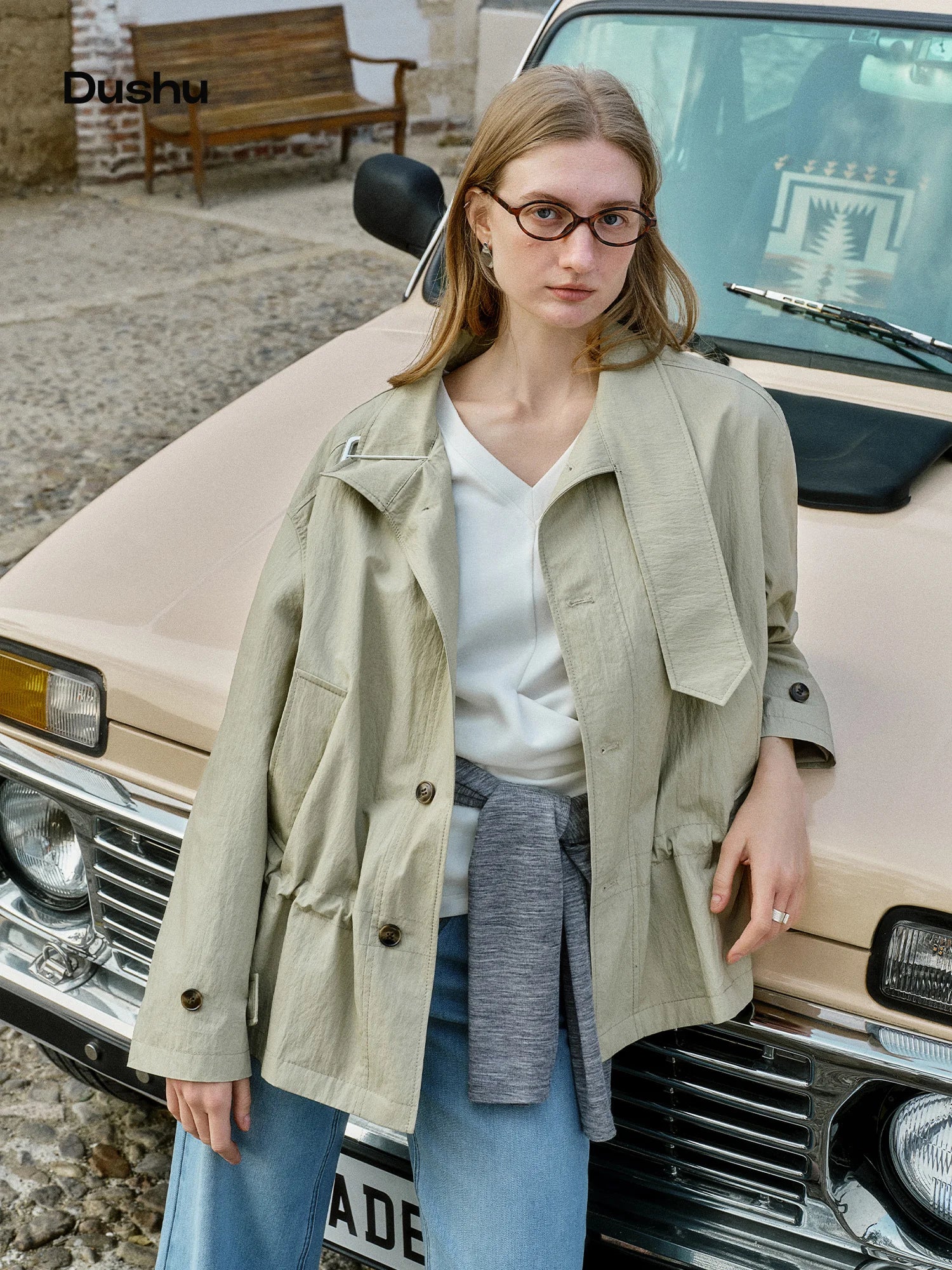 DUSHU Drawstring Trench Coat New Spring 2026 Cropped Trench Coat for Women Loose Classical Commuting Outwear Cotton Soft