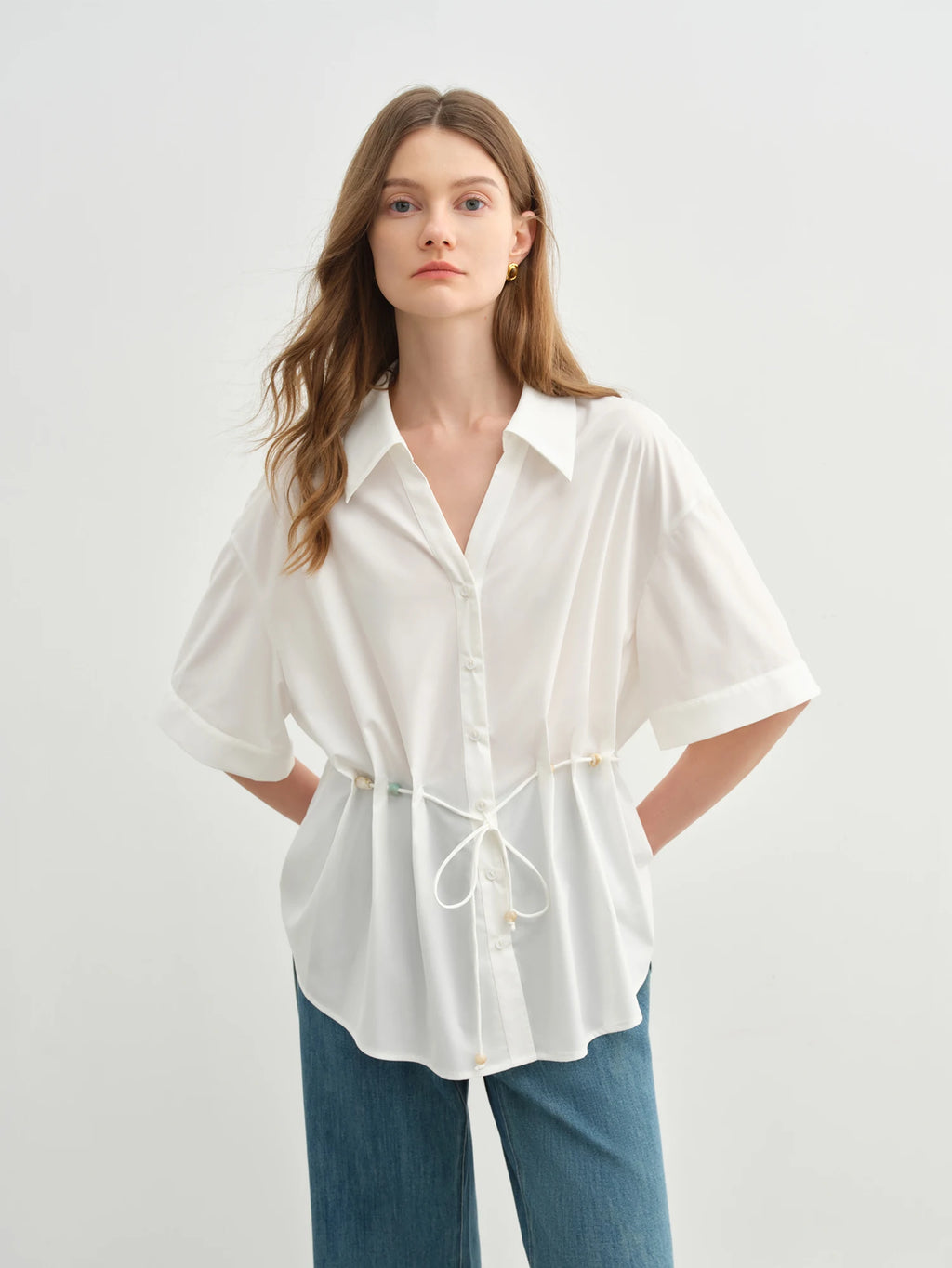 DUSHU Beaded Lace-up Pinched Pleated V-neck Shirt 2025 Summer New Commuter Temperament Top 25DS82696