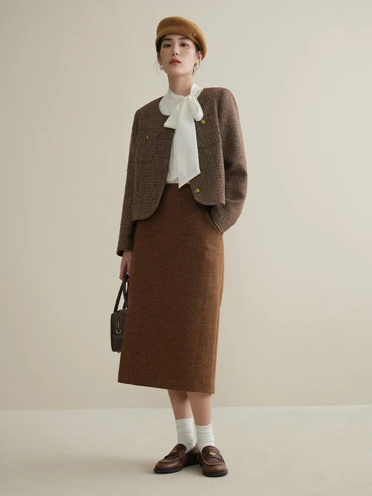 DUSHU 100% Wool Oblique Placket Straight Tube Skirt Versatile Winter Style High Waisted Short Skirt High Waist Solid Skirts