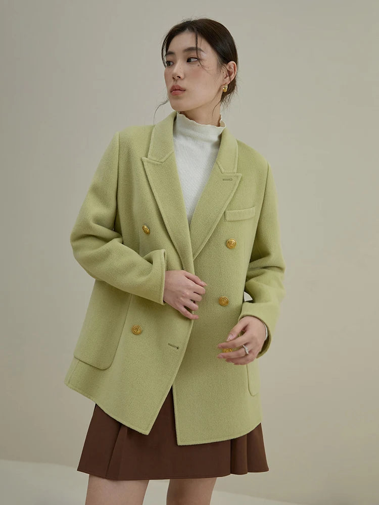 DUSHU Commuter Vintage Style 100% Wool Double-faced Double breasted Woolen Coat for Women Winter New Handmade Wool Jacket Female