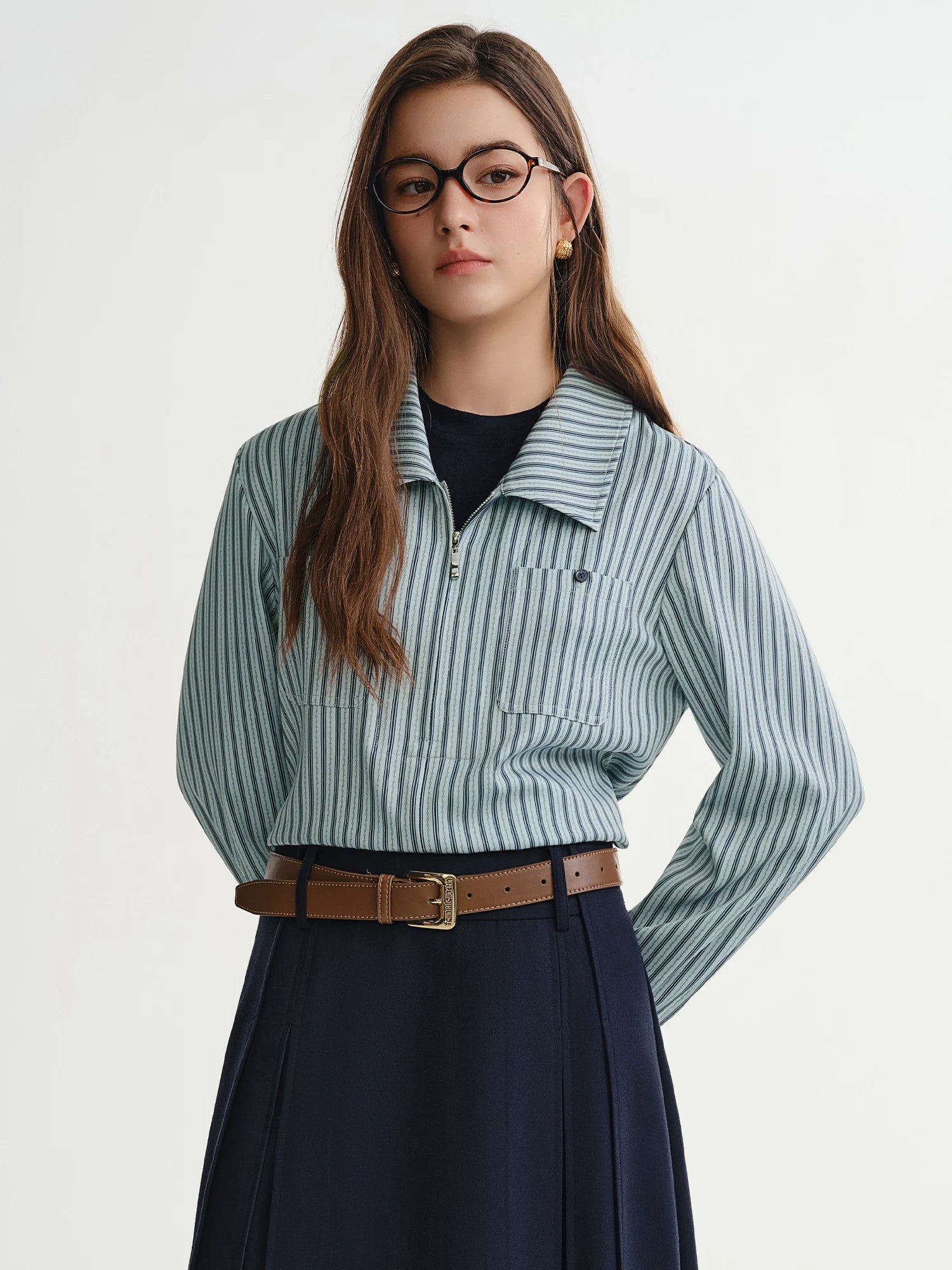 DUSHU Fake Two-piece T-shirt Striped Shirt 2025 Winter New Products Classic Leisure Simple Chic Streetwear Office Ladies BF