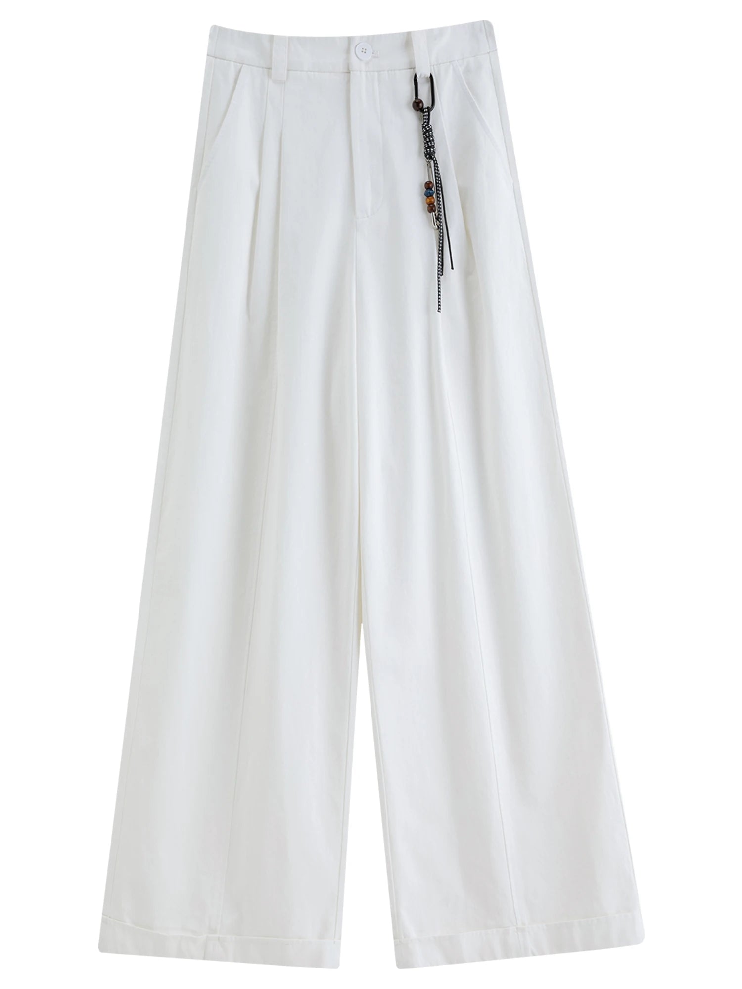 DUSHU Spring Women Beaded Drawstring High Waist Wide Leg Trousers Straight Fit Casual Pants Minimalist Street Style Loose Fit