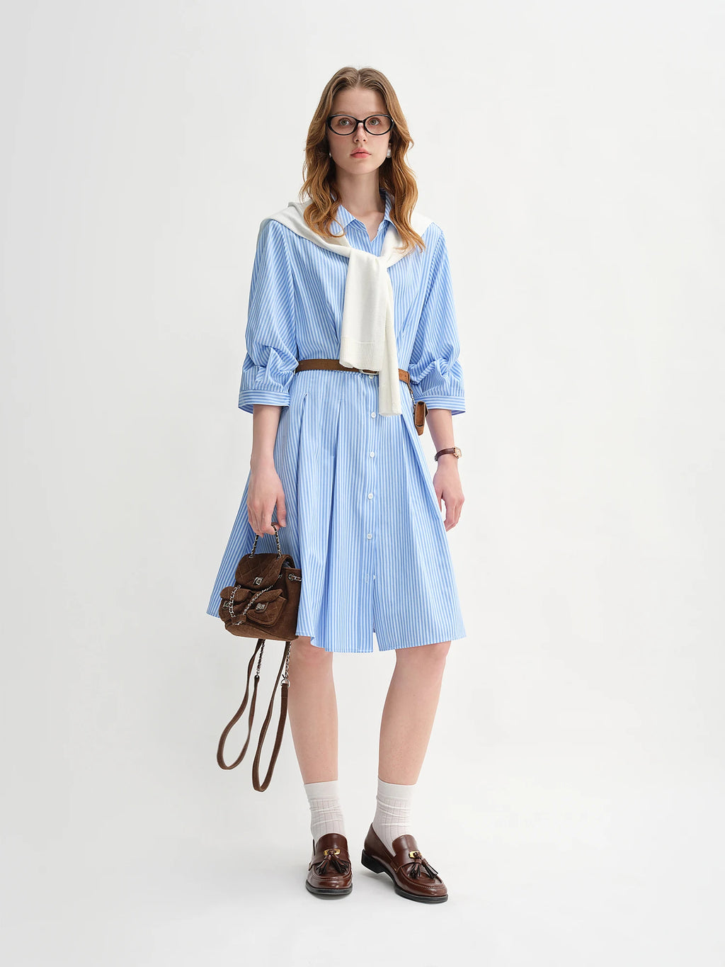 DUSHU Blue and White Striped Design Pleated Three-quarter Sleeve Waist Shirt Dress 2025 Autumn New Products 25DS83170