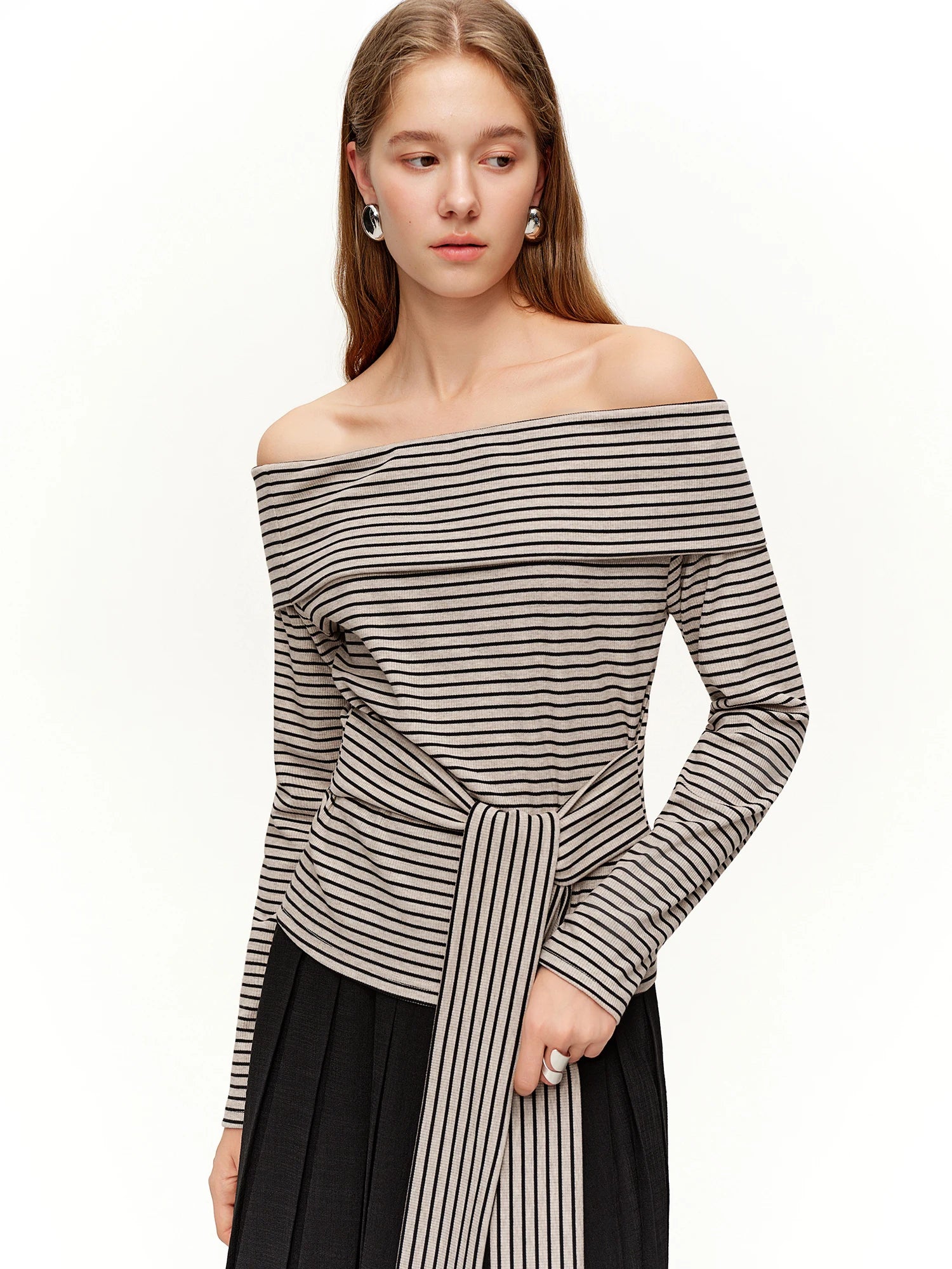 DUSHU 2026 Spring Women's Lapel Collar Off-Shoulder Relaxed Fit T-Shirt - Casual Lazy Style Comfortable Top for Daily Wear