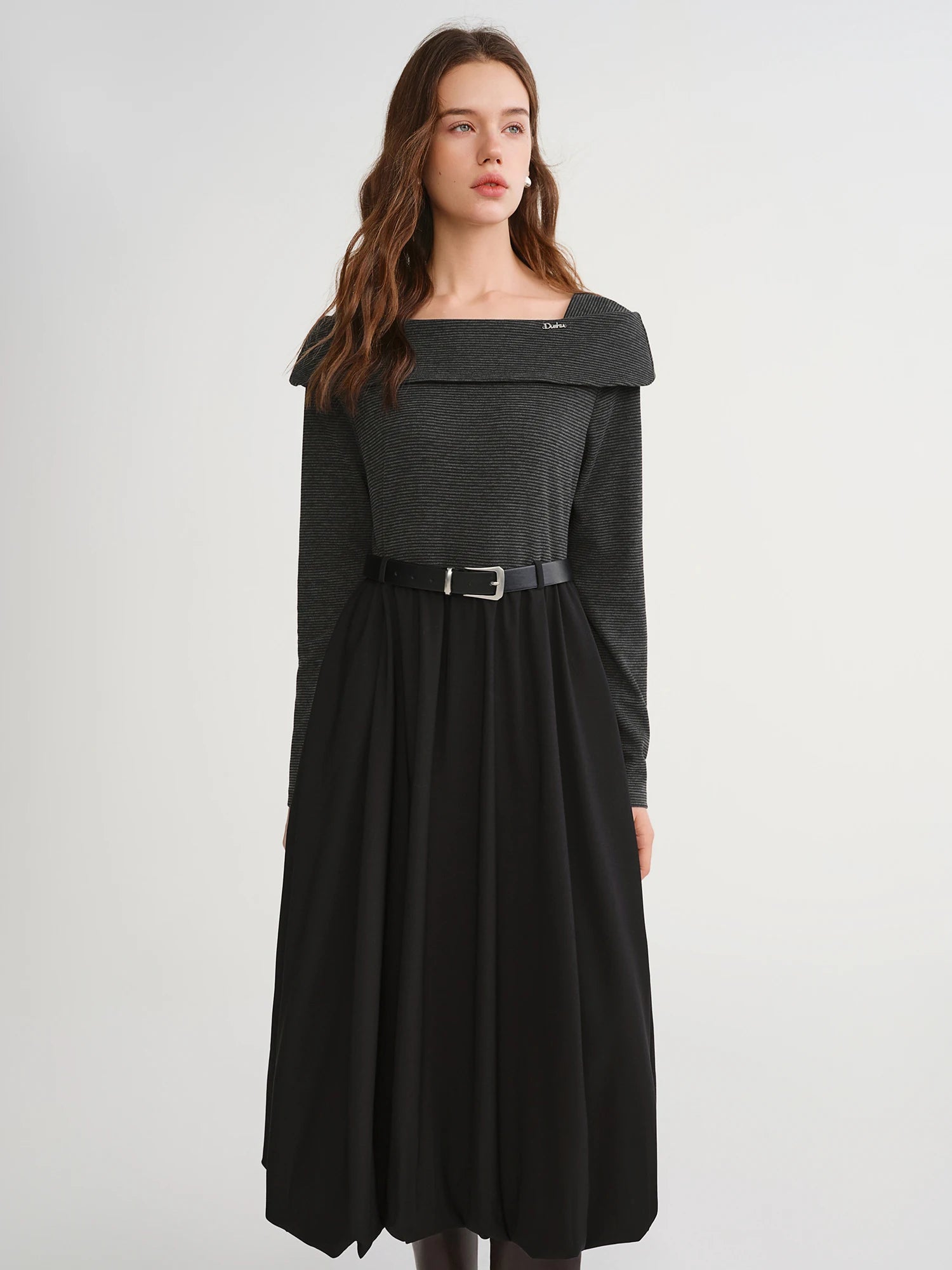 DUSHU Women's Plus Size Autumn And Winter Contrast Color Fake Two-piece Dress 2025 Winter Wear Large Swing Mid-length Dress