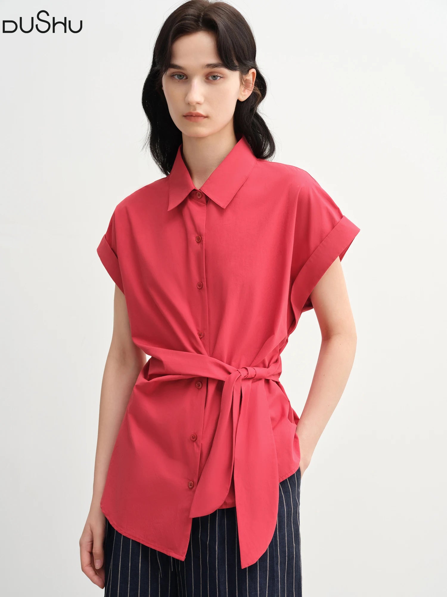 DUSHU Plus-Size Women's Laid-Back Buckle Short Sleeve Blouse - Summer Turned-Up Collar Fitted Waist Slimming Shirts 25DS82750
