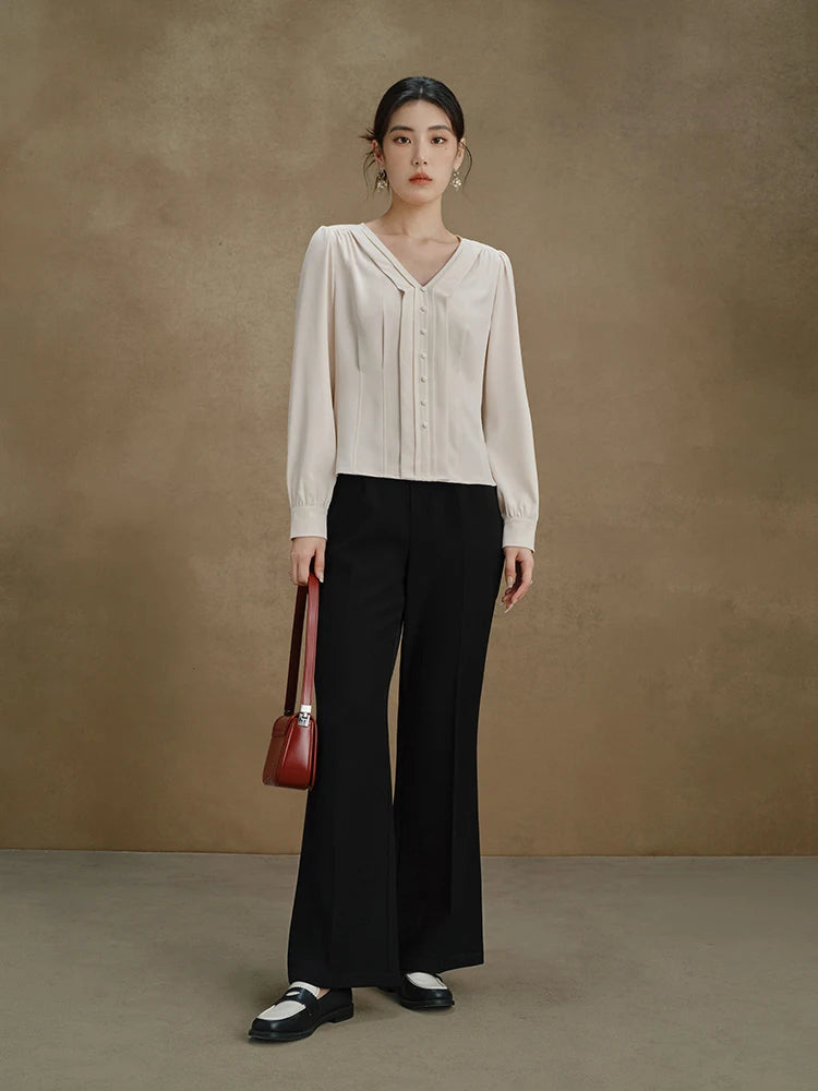 DUSHU V-neck High Luxury Commuter Shirt Autumn 2023 New Slim Womem Tops For Women Light Yellow Blue Women Shirt For Women