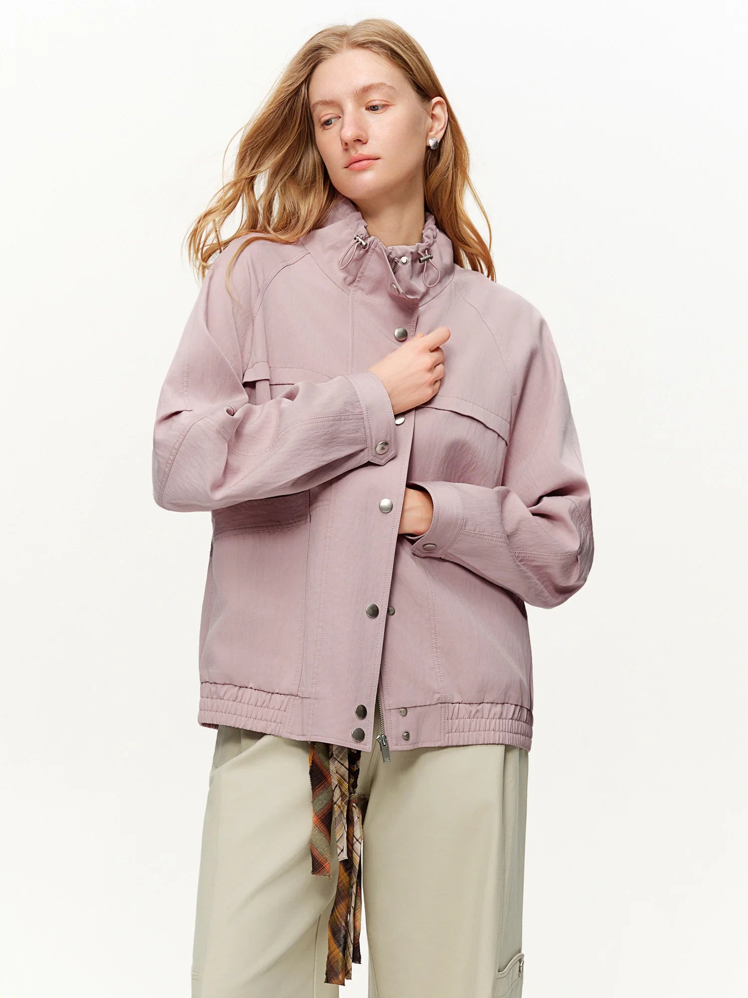 DUSHU Women's American Style Drawstring Standing Collar Casual Windbreaker Spring 2026 New Arrival Minimalist Sleek Cool Jackets