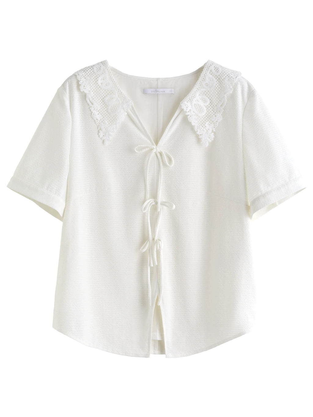 DUSHU Lace Stitching Hollow Shirt Collar Short-sleeved Shirt For Women 2025 Summer New Arrival Commuter Fashion Shirt 25DS82513