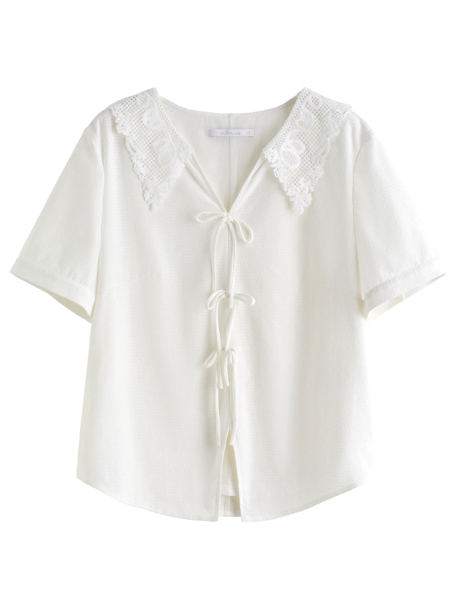 DUSHU Lace Stitching Hollow Shirt Collar Short-sleeved Shirt For Women 2025 Summer New Arrival Commuter Fashion Shirt 25DS82513
