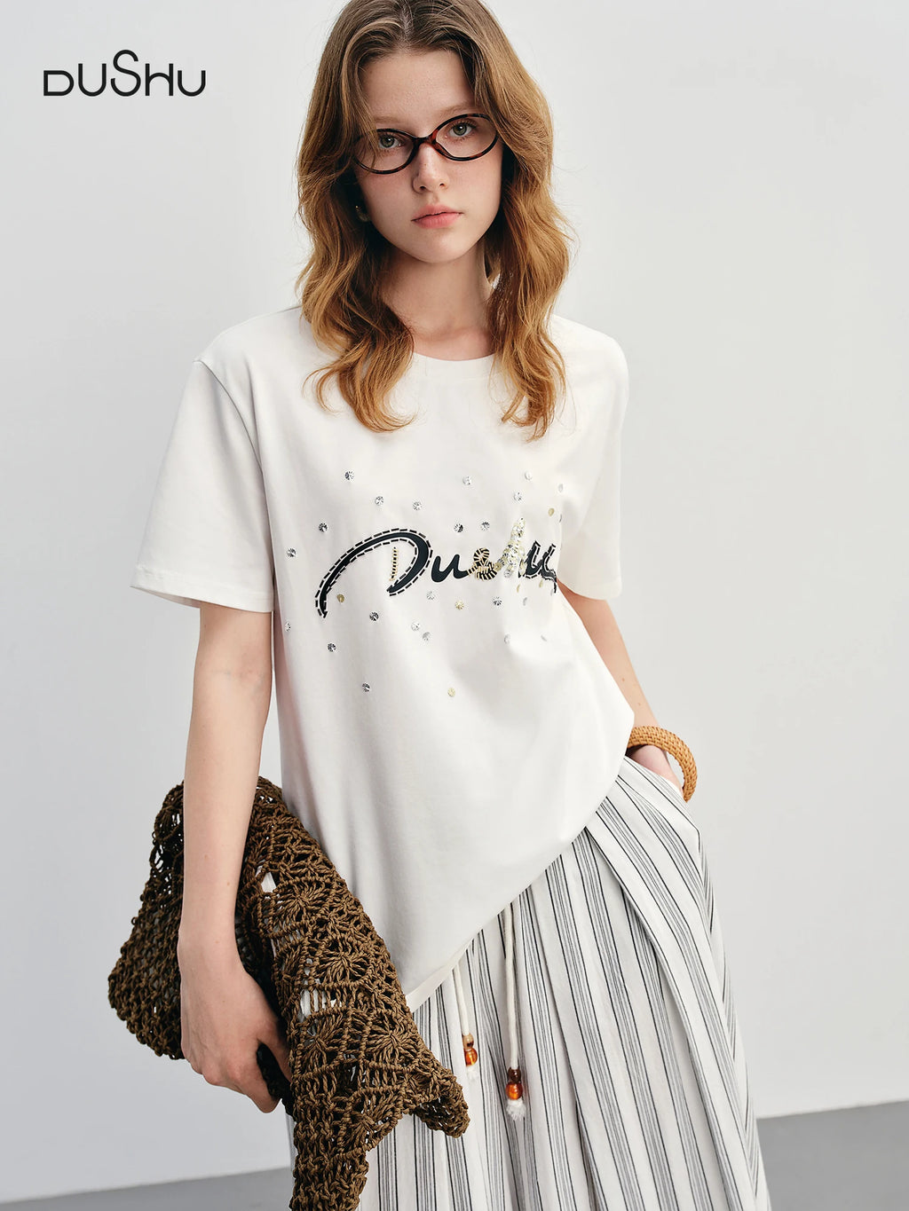 FSLE Summer 2025 Letter Print T-Shirt - Beaded Detail Round Neck Loose Fit Casual Top Women Fashion