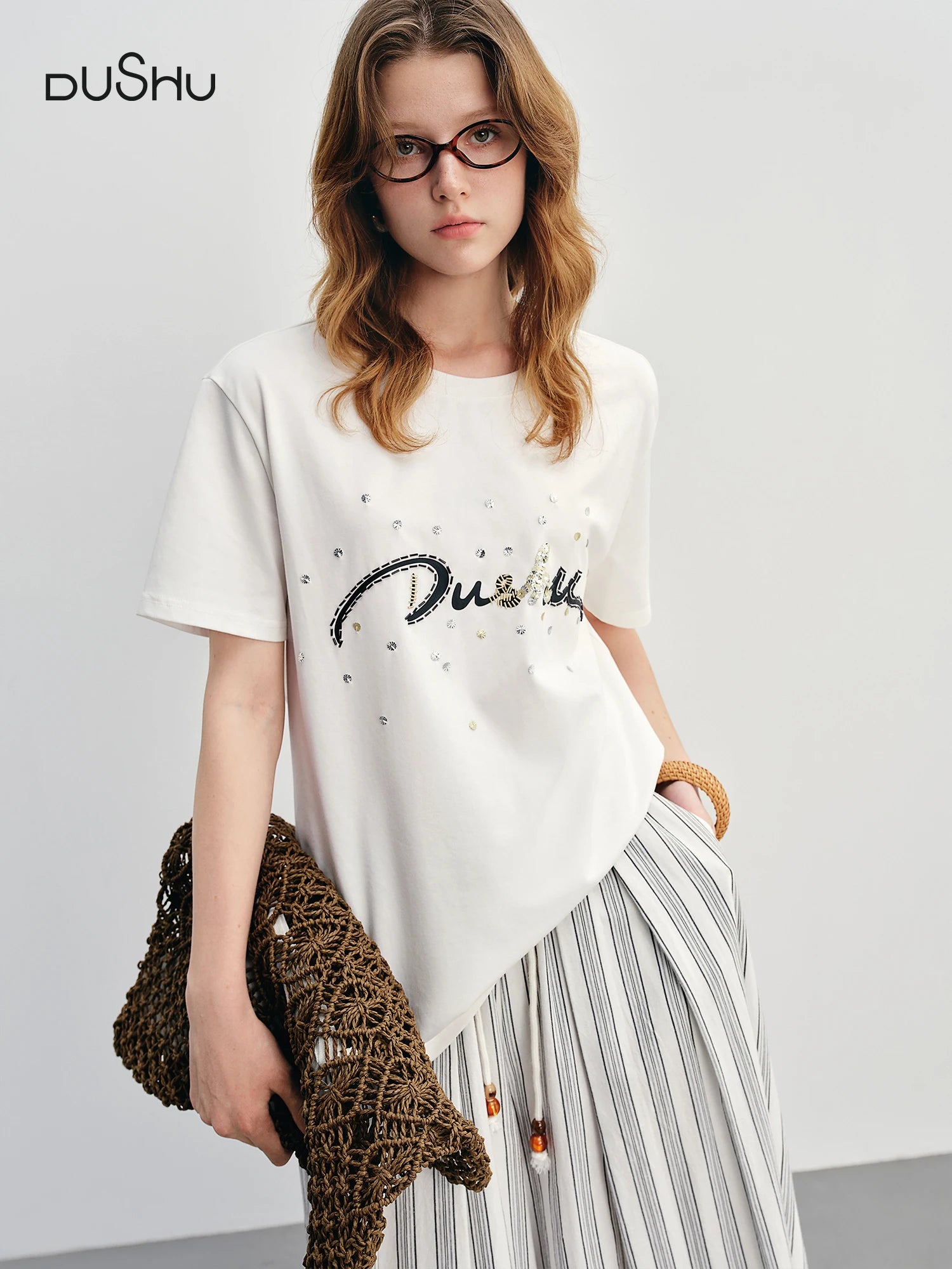 FSLE Summer 2025 Letter Print T-Shirt - Beaded Detail Round Neck Loose Fit Casual Top Women Fashion