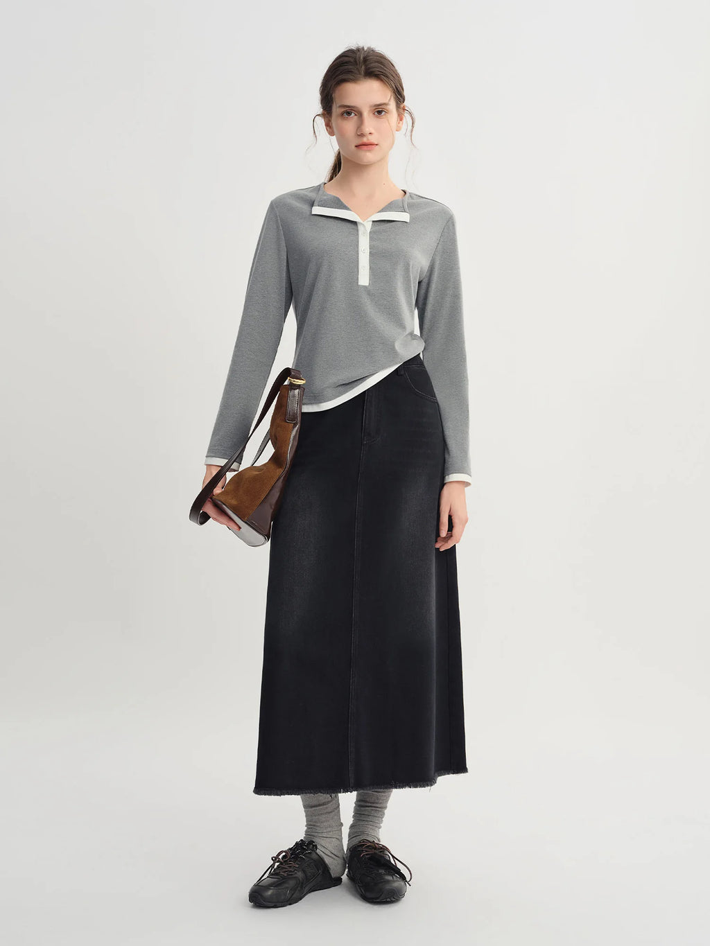 DUSHU Autumn 2025 Women's Long Sleeve T-Shirt - Contrast Colorblock Henley Neck Top with Breathable Fabric for Office Casual