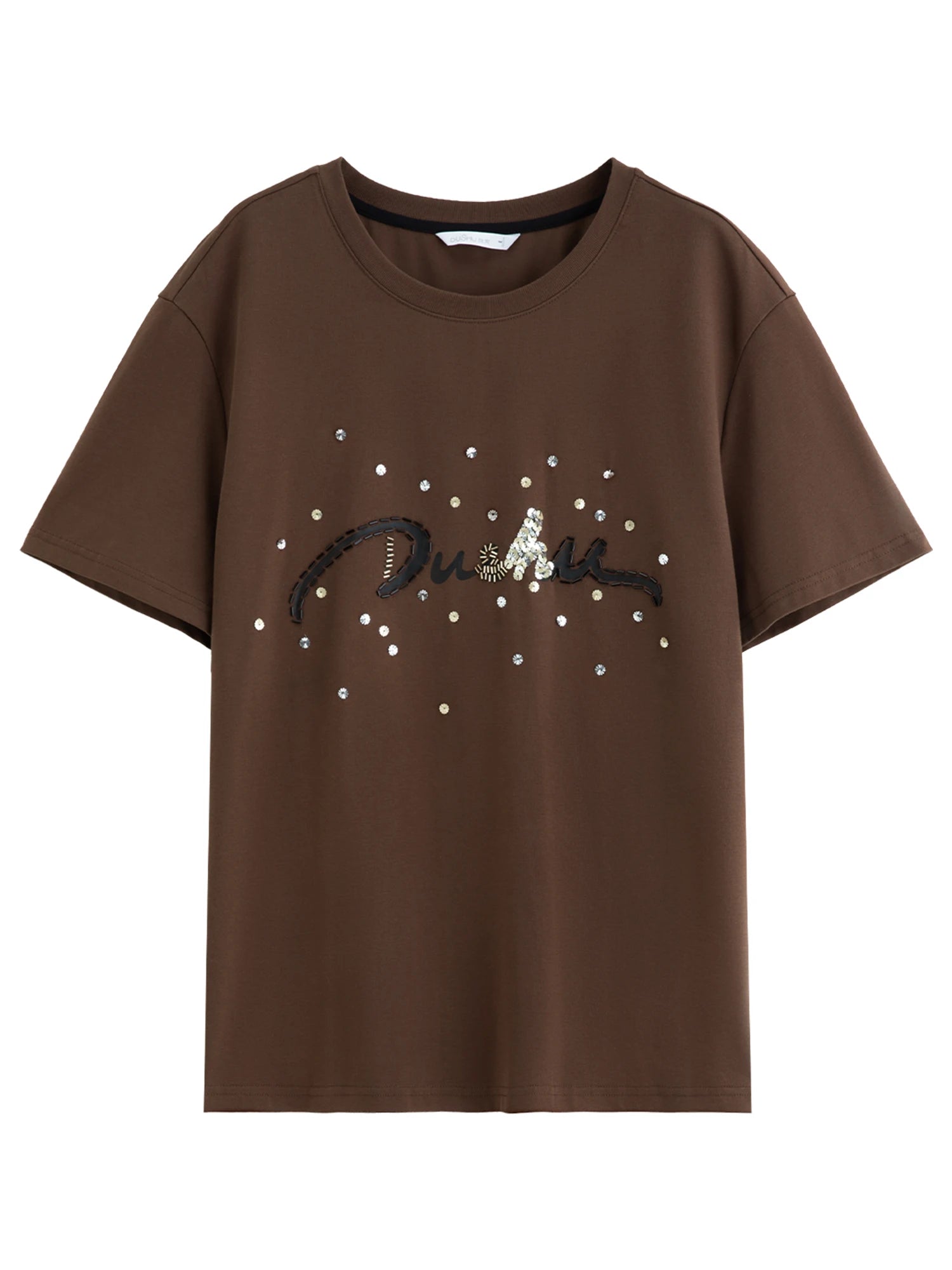 FSLE Summer 2025 Letter Print T-Shirt - Beaded Detail Round Neck Loose Fit Casual Top Women Fashion