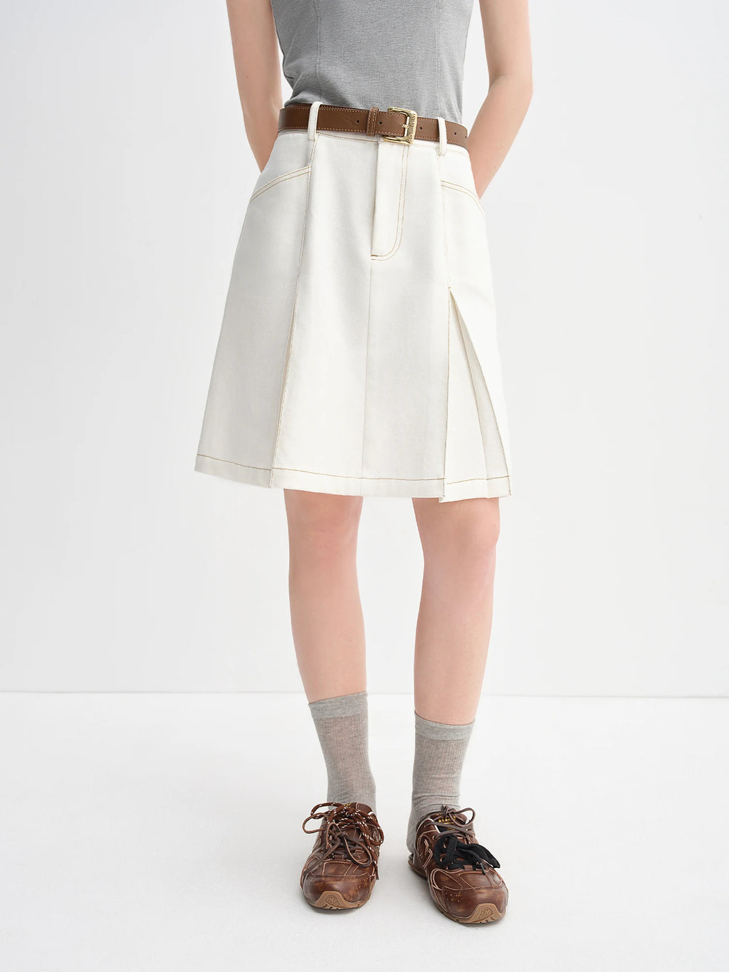 DUSHU Women's High Waist A-line Denim Skirt 2025 Autumn New Arrival Style Contrast Color Retro Denim Skirt No Belt 25DS83098