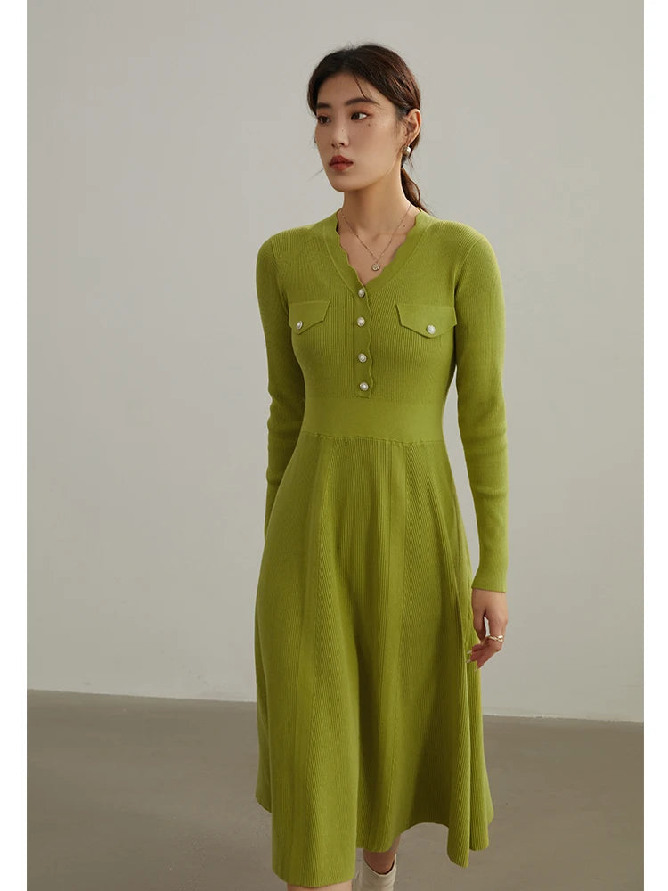 DUSHU Elegant Temperament Knitted Dress Women Autumn Winter 2022 New Base Skirt Office Lady V-neck Bottoming Long Dress Female
