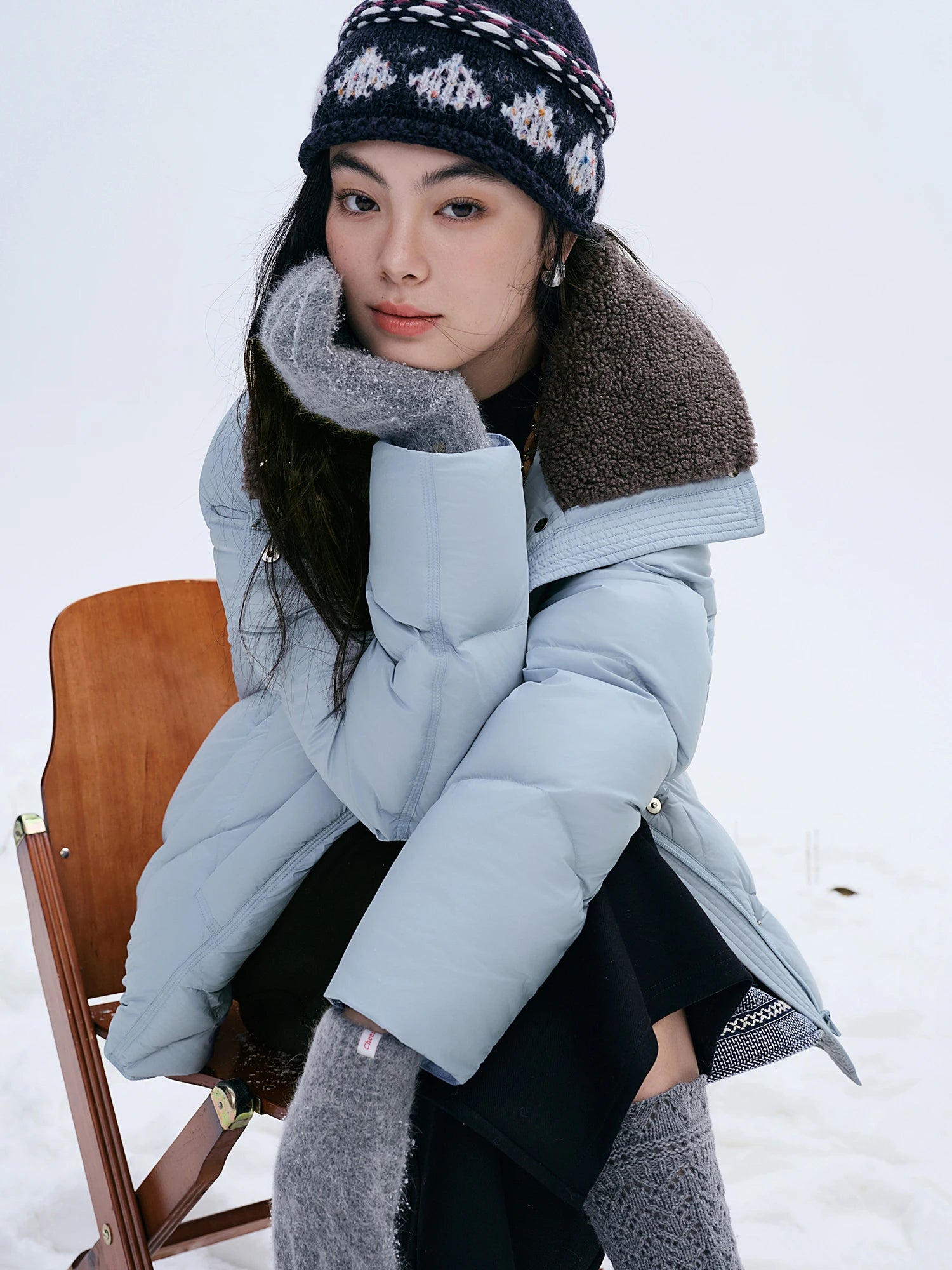 DUSHU Furry Lapel Quilted White Duck Down Coats Women Casual Daily Retro Simple Loose Short Warm Coat Contrast Color Girlish BF