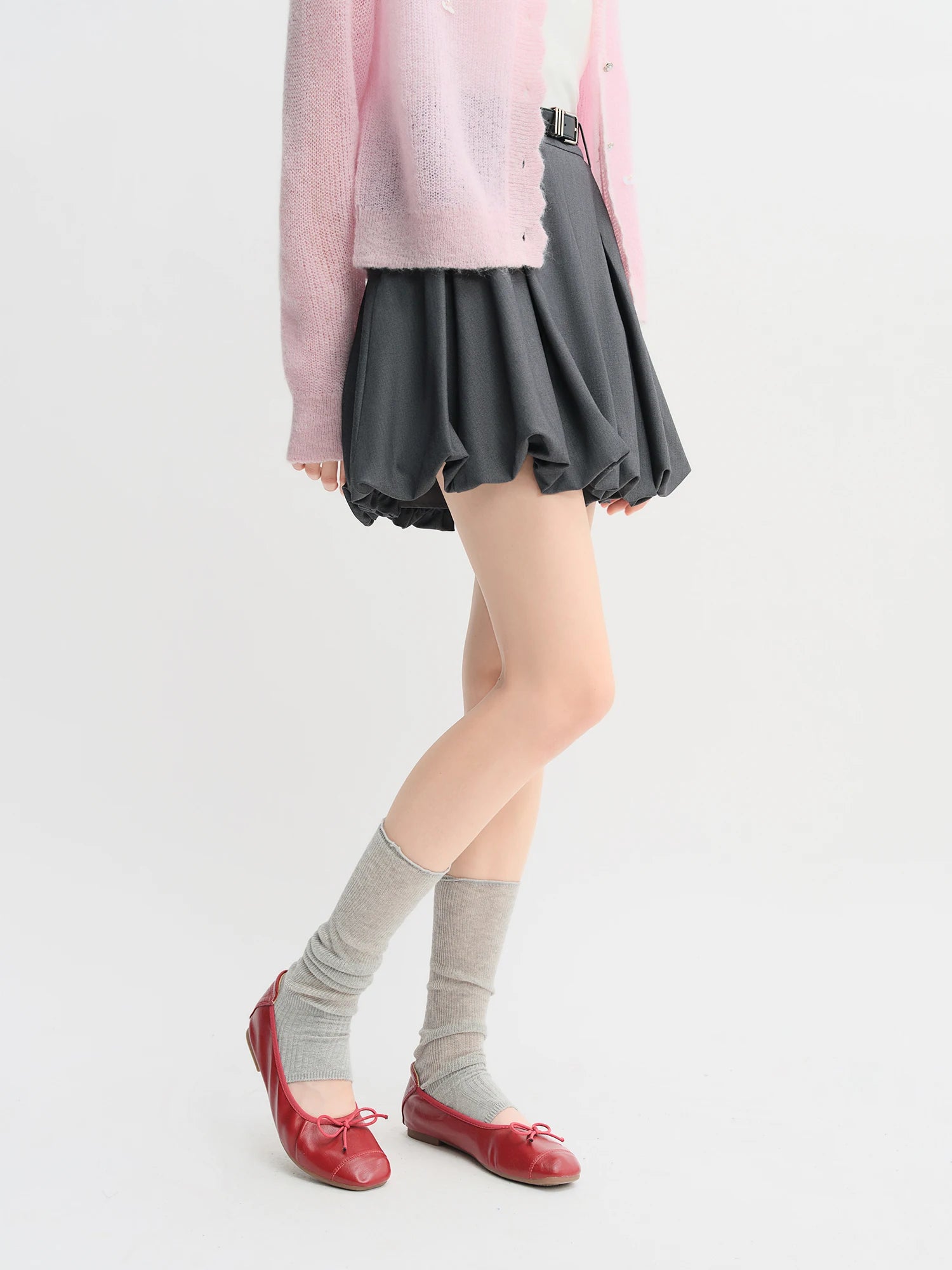 DUSHU Plus Size Ballet Style Bud Short Skirt for Women 2025 Autumn New Arrival Sweet A-line Chic Gray Skirt 25DS83079