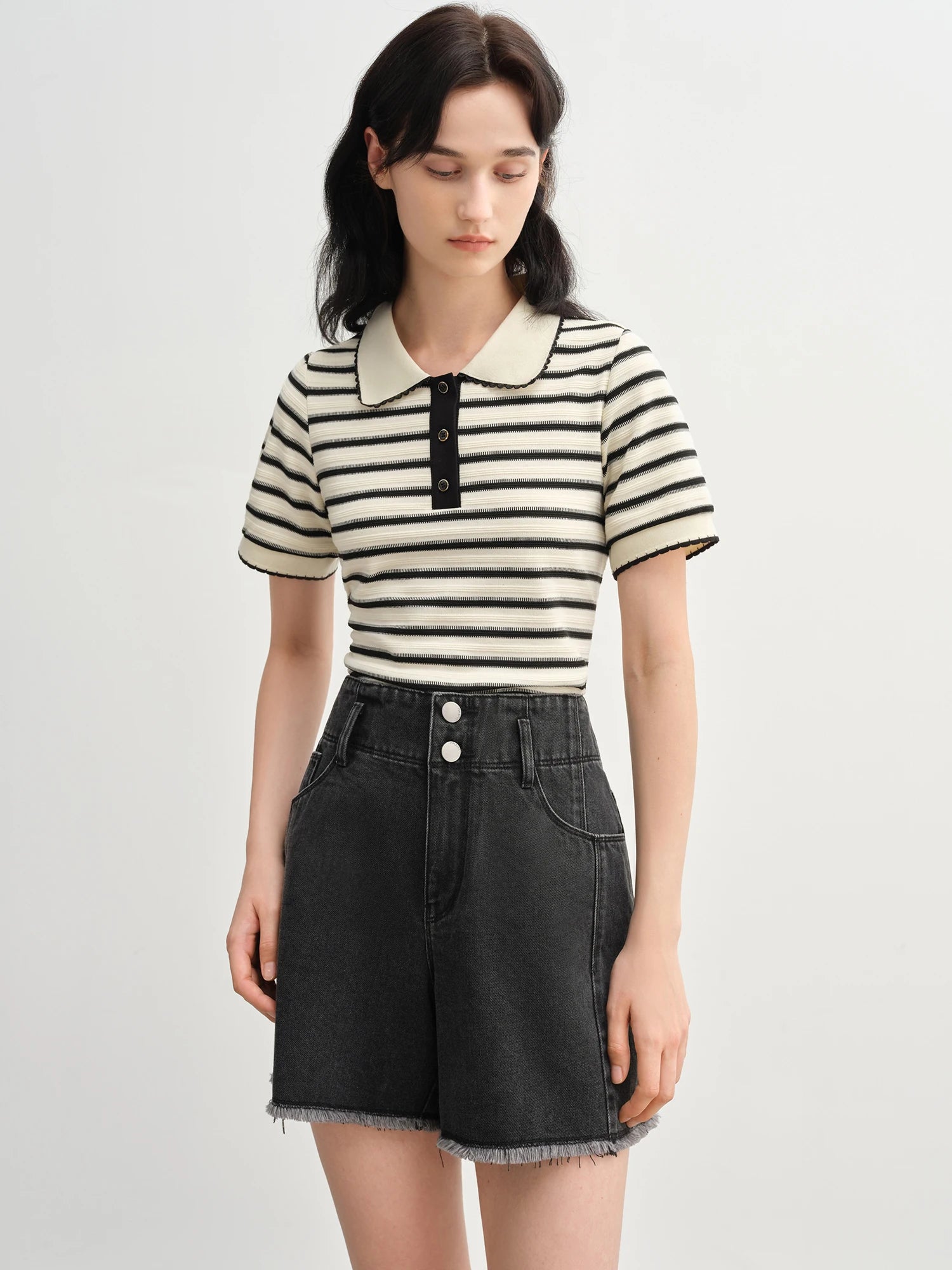 DUSHU 2025 Summer Women's Striped Knit Top - Button Collar Office Chic & Breathable Casual Versatility Casual T-Shirts 25DS82715