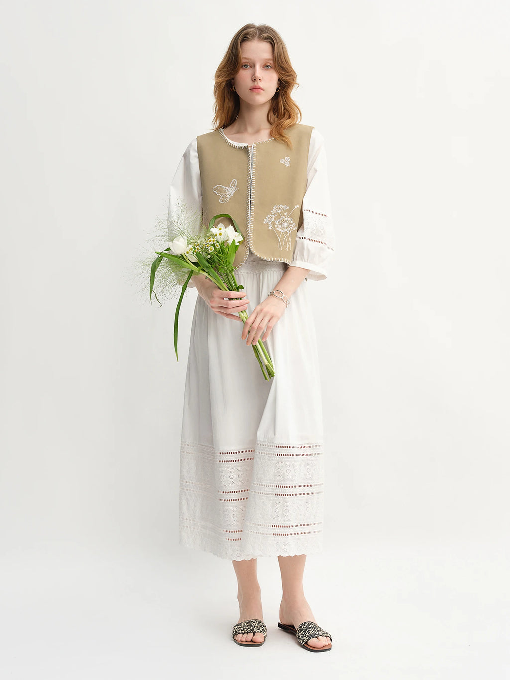 DUSHU Autumn 2025 French-Inspired Dress - Embroidered Lace Panel A-Line Flattering Silhouette Relaxed Fit Women Vintage Maxi