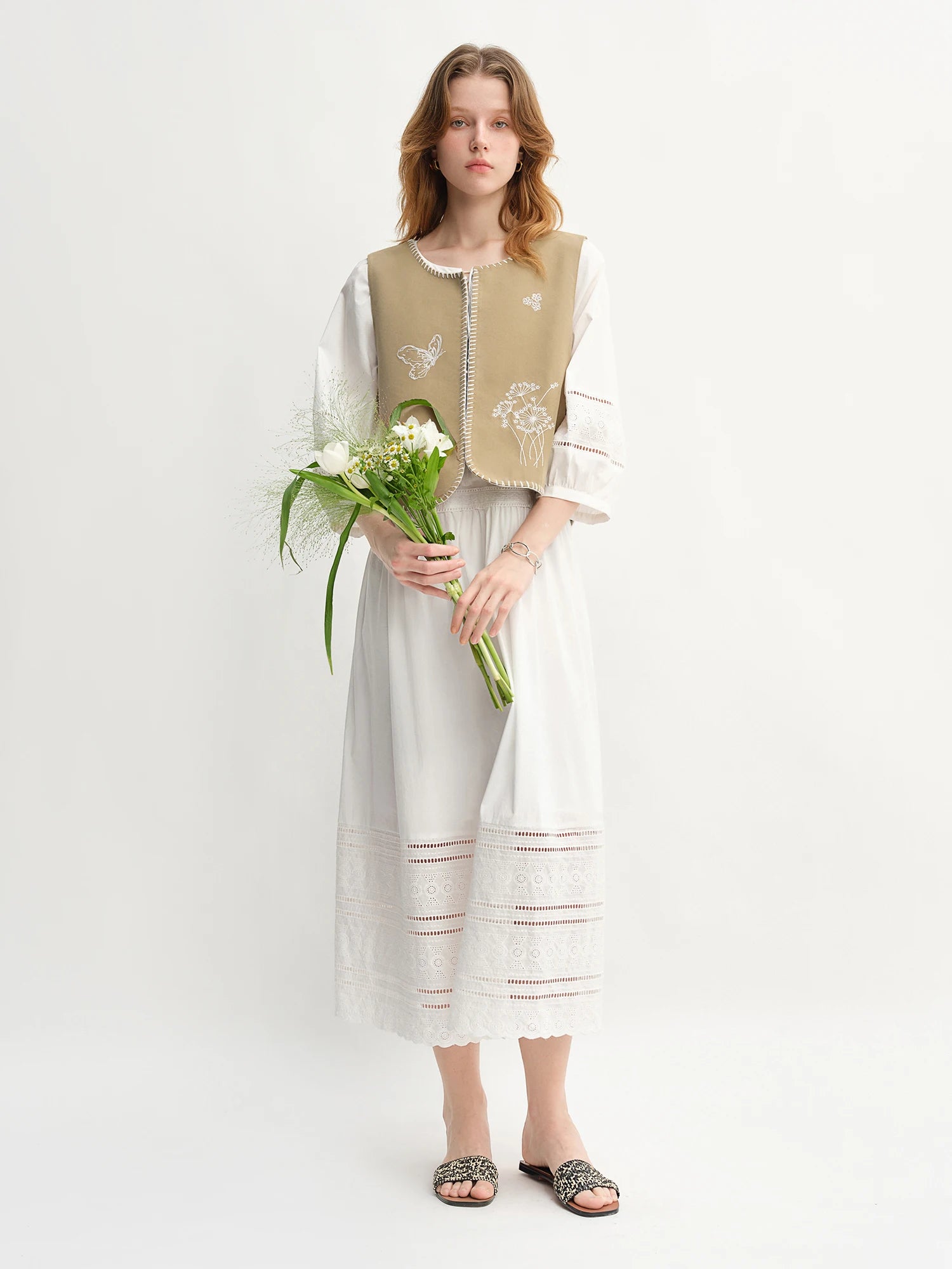 DUSHU Autumn 2025 French-Inspired Dress - Embroidered Lace Panel A-Line Flattering Silhouette Relaxed Fit Women Vintage Maxi
