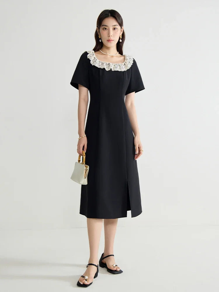 DUSHU Women Long Black A-LINE Dress Neckline Lace Design Female Short Sleeve High Waist Polyester Split Dresses 24DS82682