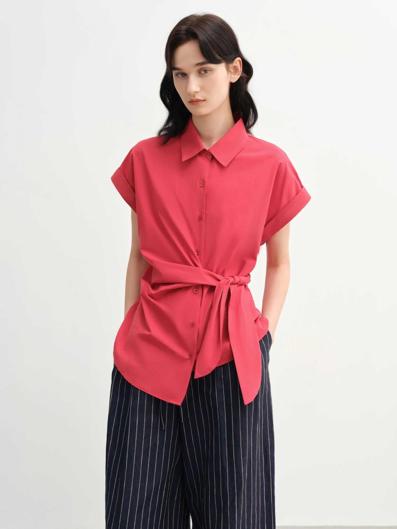 DUSHU Plus-Size Women's Laid-Back Buckle Short Sleeve Blouse - Summer Turned-Up Collar Fitted Waist Slimming Shirts 25DS82750