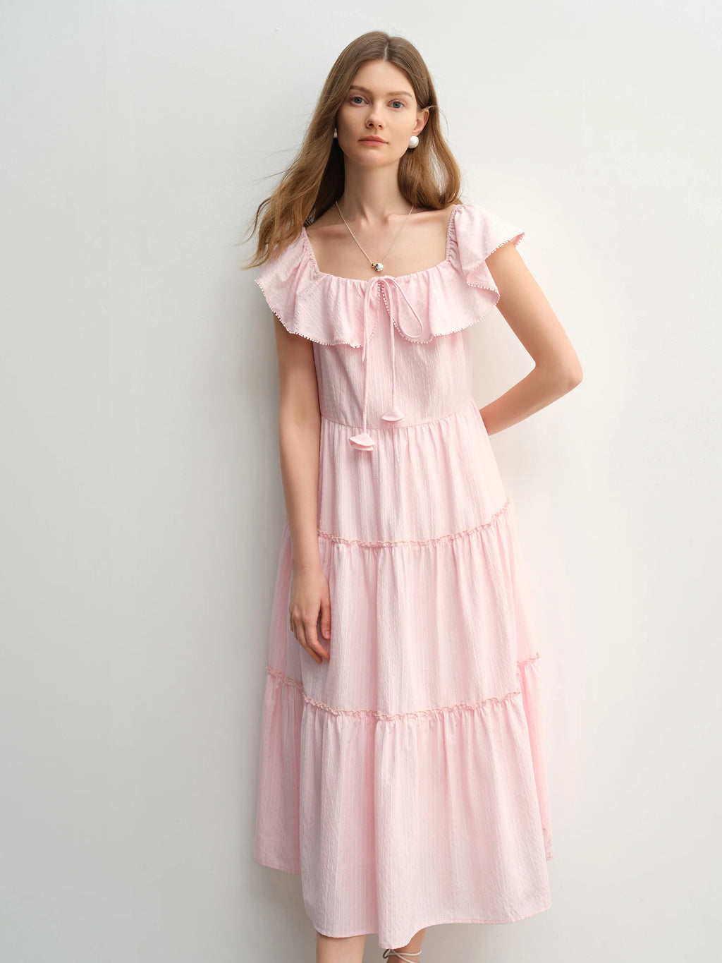 DUSHU Plus Size Ruffled Cake Shape Pink White Dress For Women 2025 Summer New Arrival Elegant French Style Long Dress 25DS82360