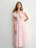 DUSHU Plus Size Ruffled Cake Shape Pink White Dress For Women 2025 Summer New Arrival Elegant French Style Long Dress 25DS82360