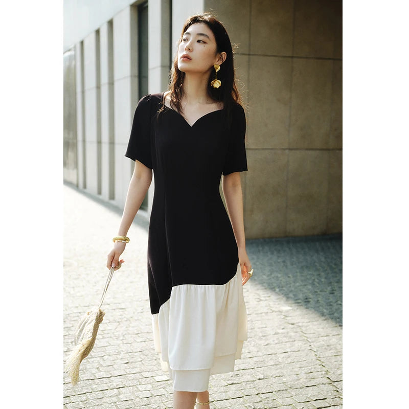 DUSHU Exquisite Party French Contrast Color Fishtail Short Sleeve Dress Versatile Casual Elegant Women Summer Dress 24DS82338