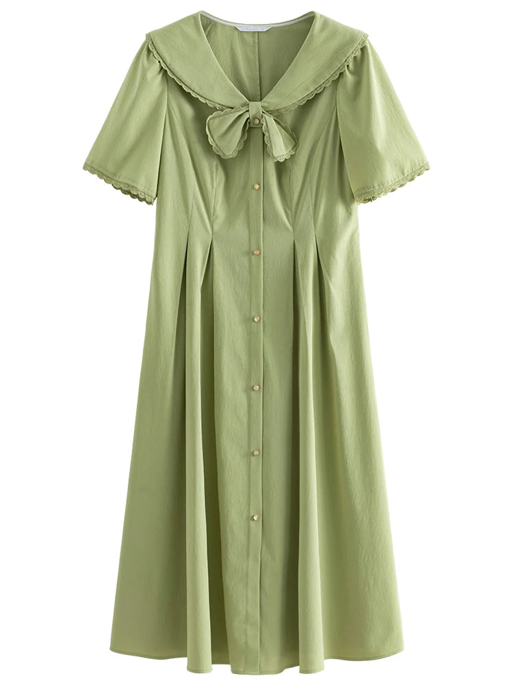 DUSHU 【2 Colors】Sweet Peter Pan Collar Design Women Single Breasted Dress Green Short Sleeve Mid-Calf A-LINE Skirt 24DS82275