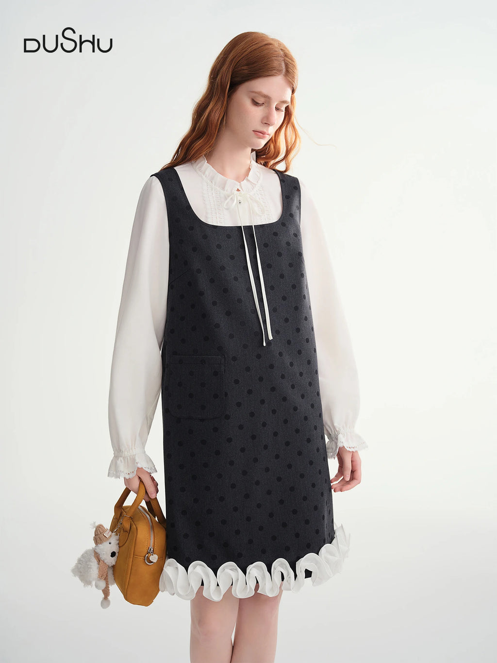 DUSHU Polka Dot Print Contrast Color Lace Trim Sleeveless Dress Women 2025 Winter New Arrival Casual Party Wear Vest Dress