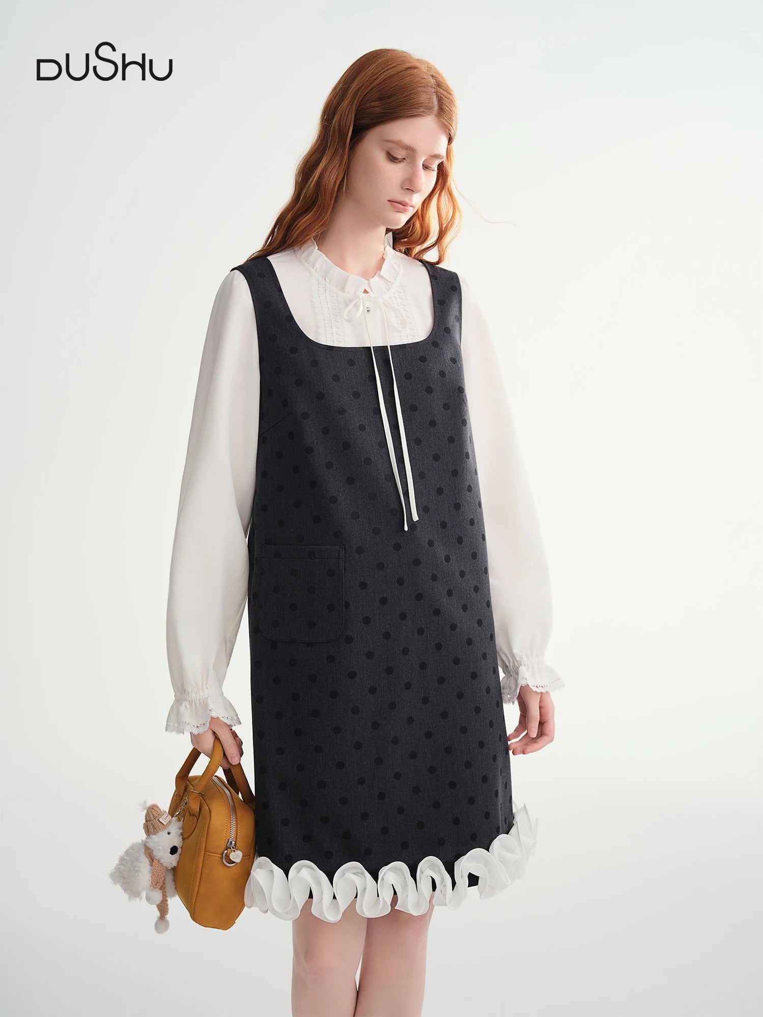 DUSHU Polka Dot Print Contrast Color Lace Trim Sleeveless Dress Women 2025 Winter New Arrival Casual Party Wear Vest Dress