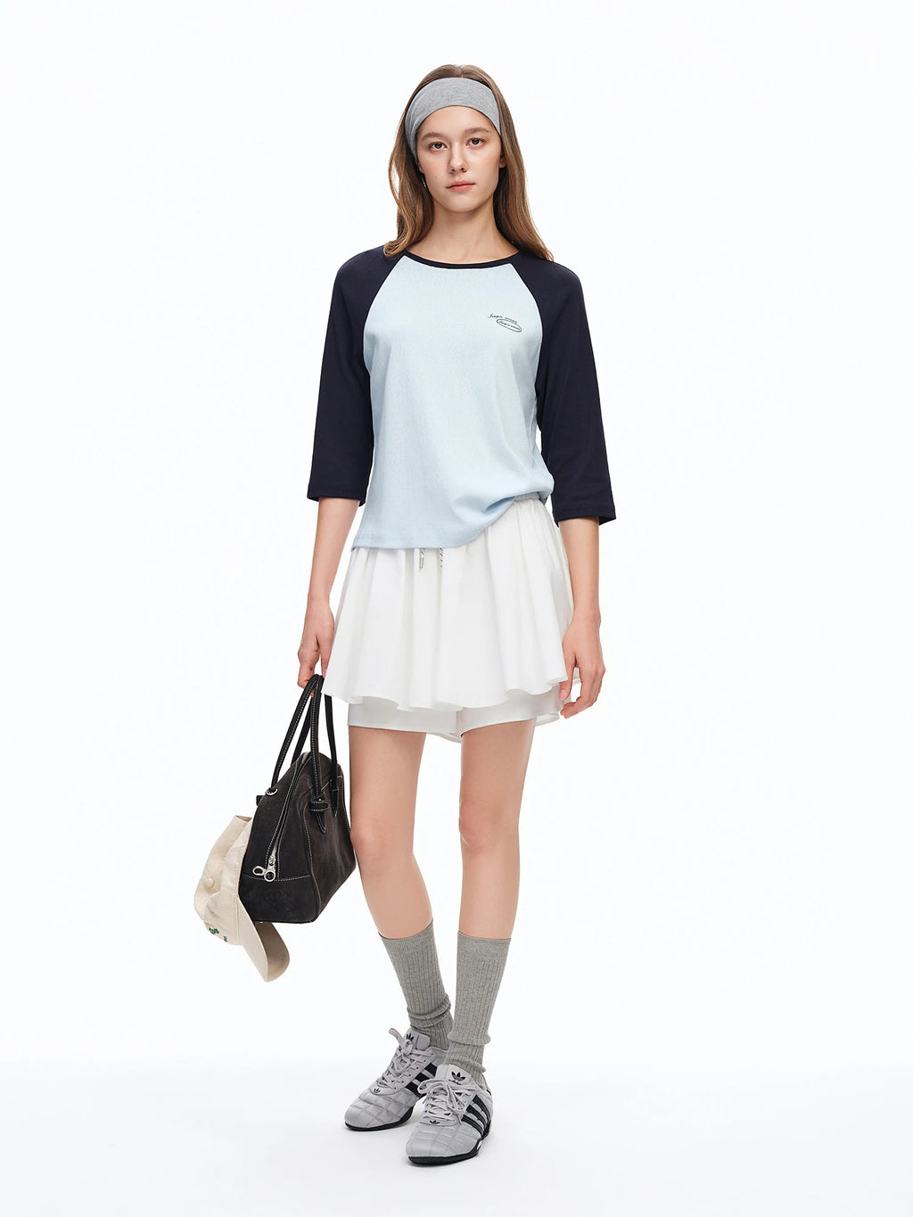 DUSHU 2026 Summer Women's Color Block Raglan Sleeve Three-Quarter T-Shirt - Casual Round Neck Top for Daily Wear and Summer