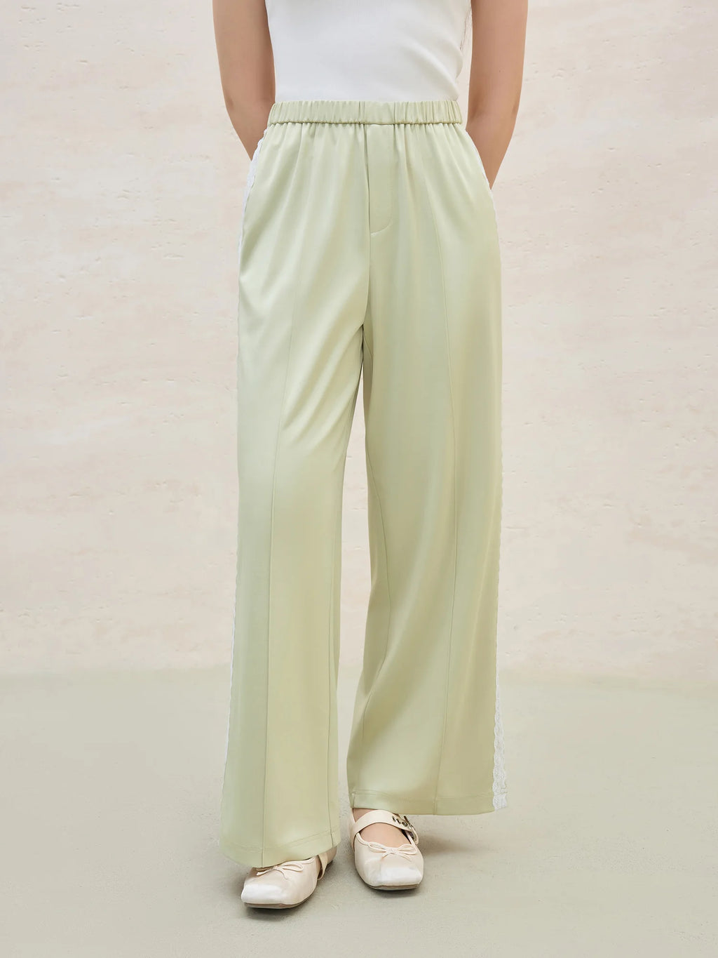 DUSHU 2025 Summer Women's Lace-Trimmed Acetate Pants - Straight Leg & Office Chic Design with Breathable Fabric