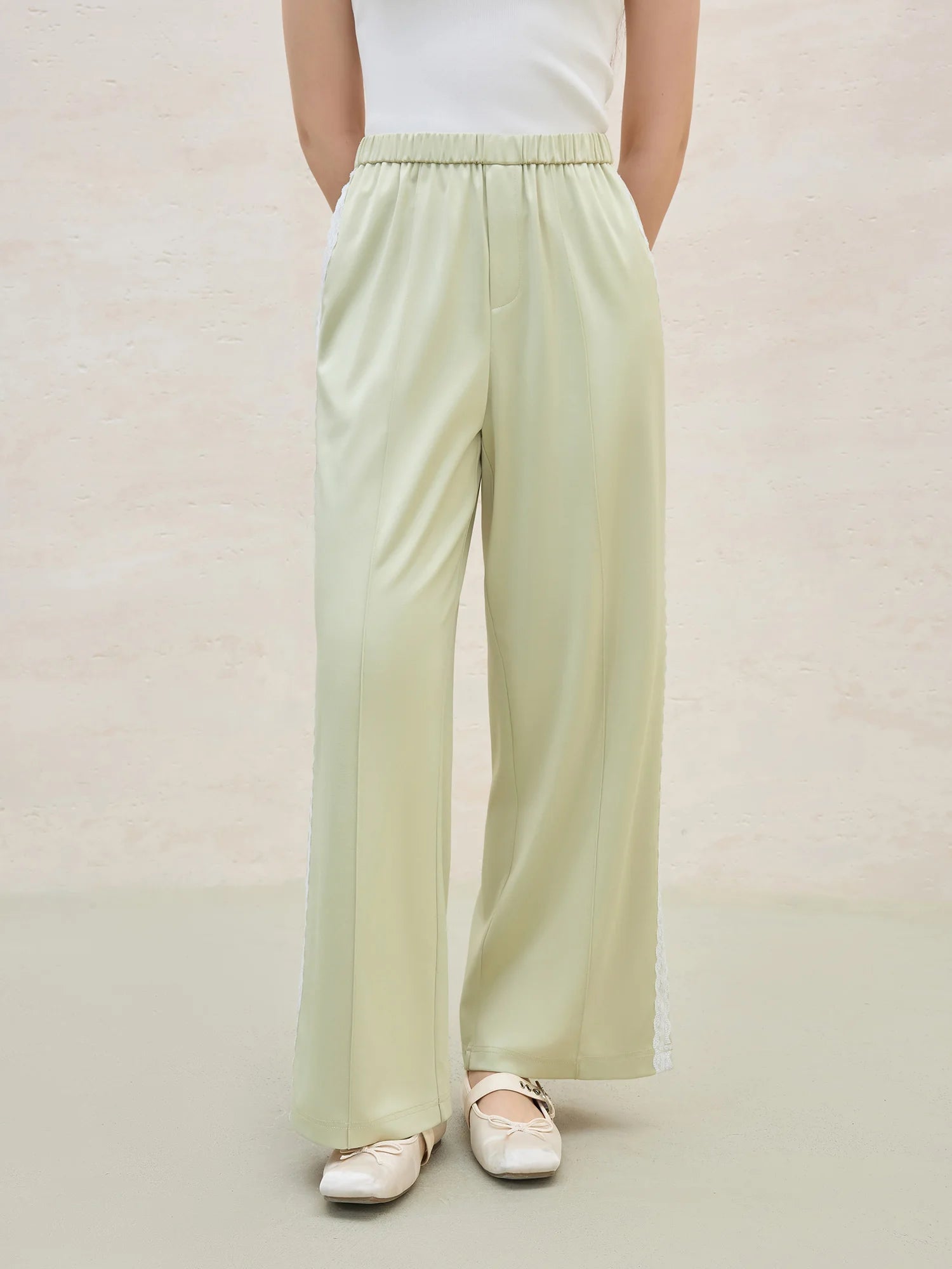 DUSHU 2025 Summer Women's Lace-Trimmed Acetate Pants - Straight Leg & Office Chic Design with Breathable Fabric