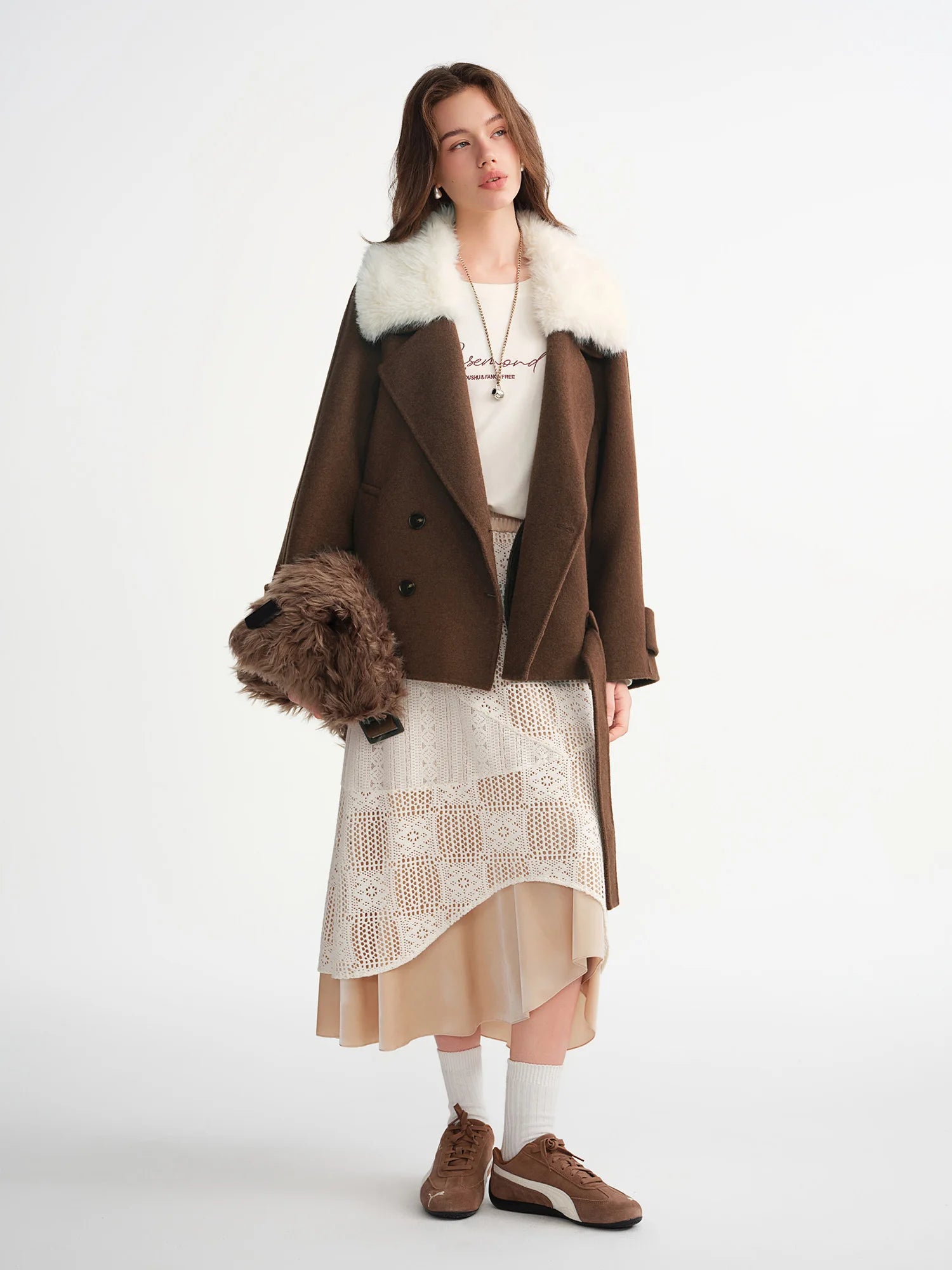 DUSHU Plus Size 2025 Women Detachable Faux Fur Collar Wool Coat Maillard Brown Overcoat Winter Warm Trench Vintage Outerwear