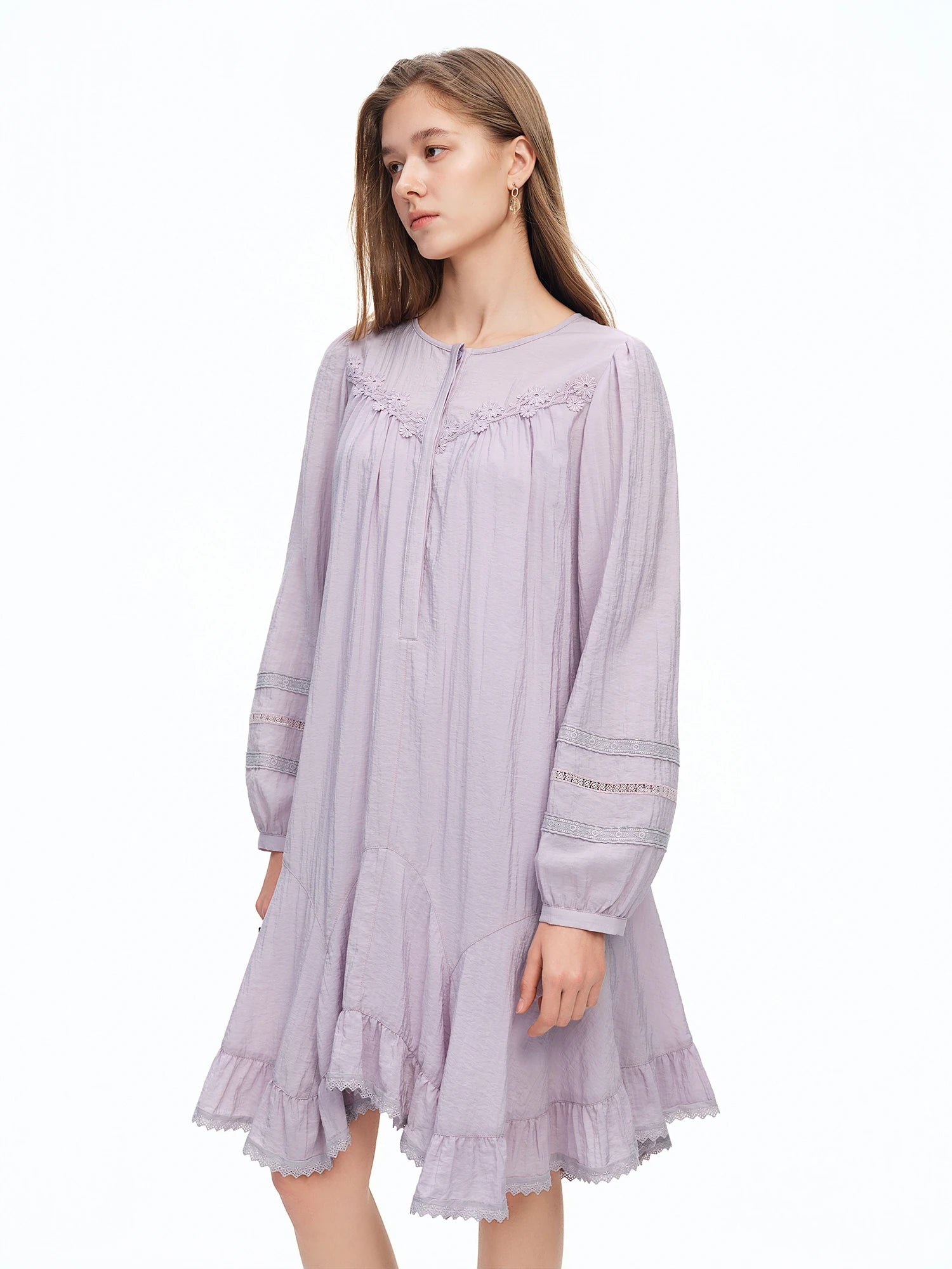 DUSHU 2026 Spring Women's French-Inspired Lace Trim Asymmetric Hem Purple Retro Dress - Elegant Vintage Style Ruffle Detail