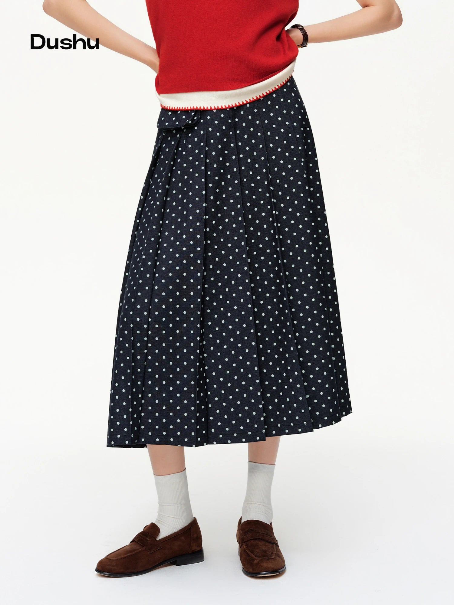 DUSHU 2026 Spring New Women's Polka Dot Midi Skirt Retro Black White Flared Pleated Skirt Vintage Waist Tie A-Line Party Skirt