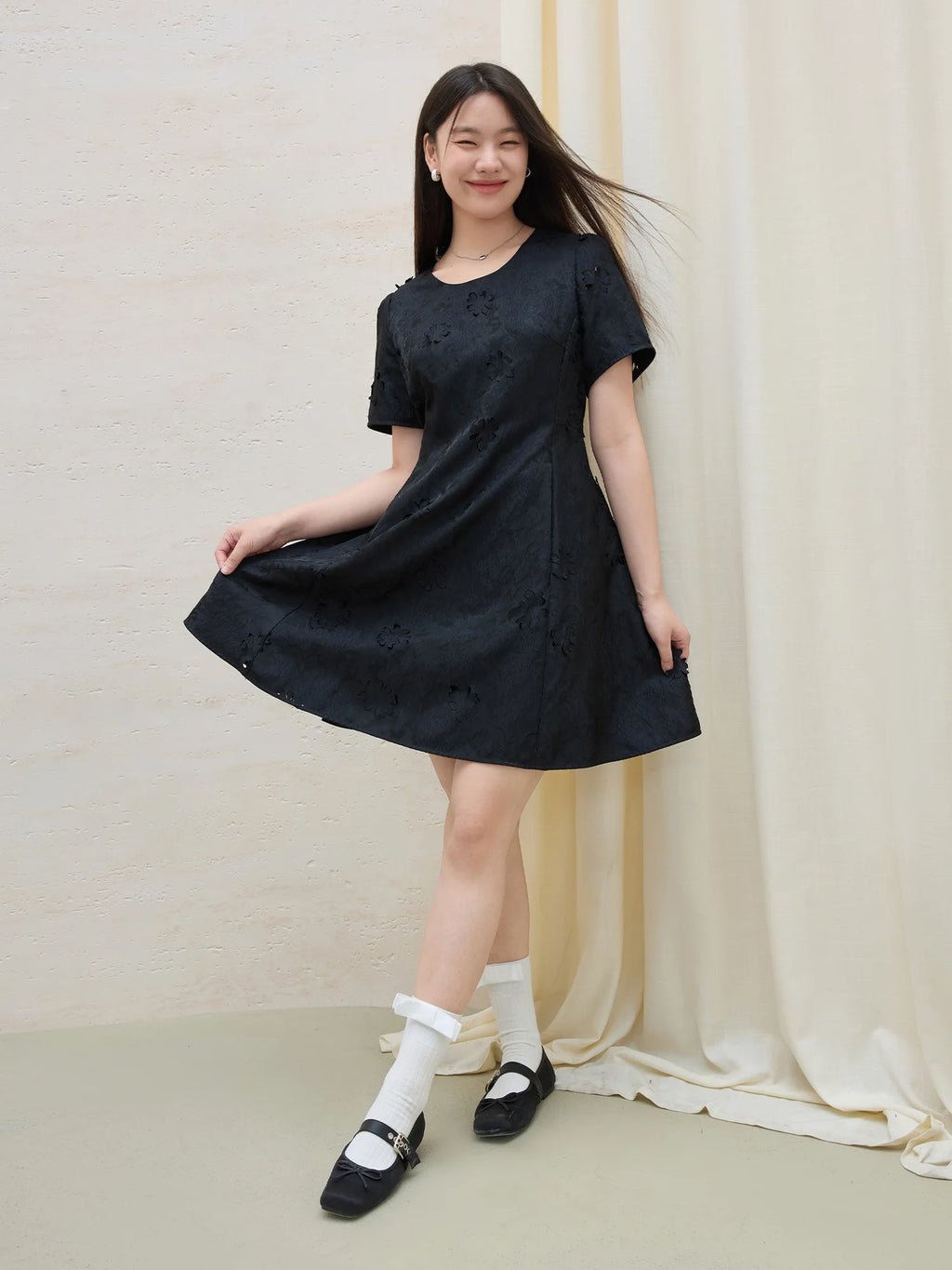 DUSHU 2025 Summer Women's Textured Floral Shift Dress - Midnight Tone & Curvy Silhouette for Office Chic Elegance 25DS82284