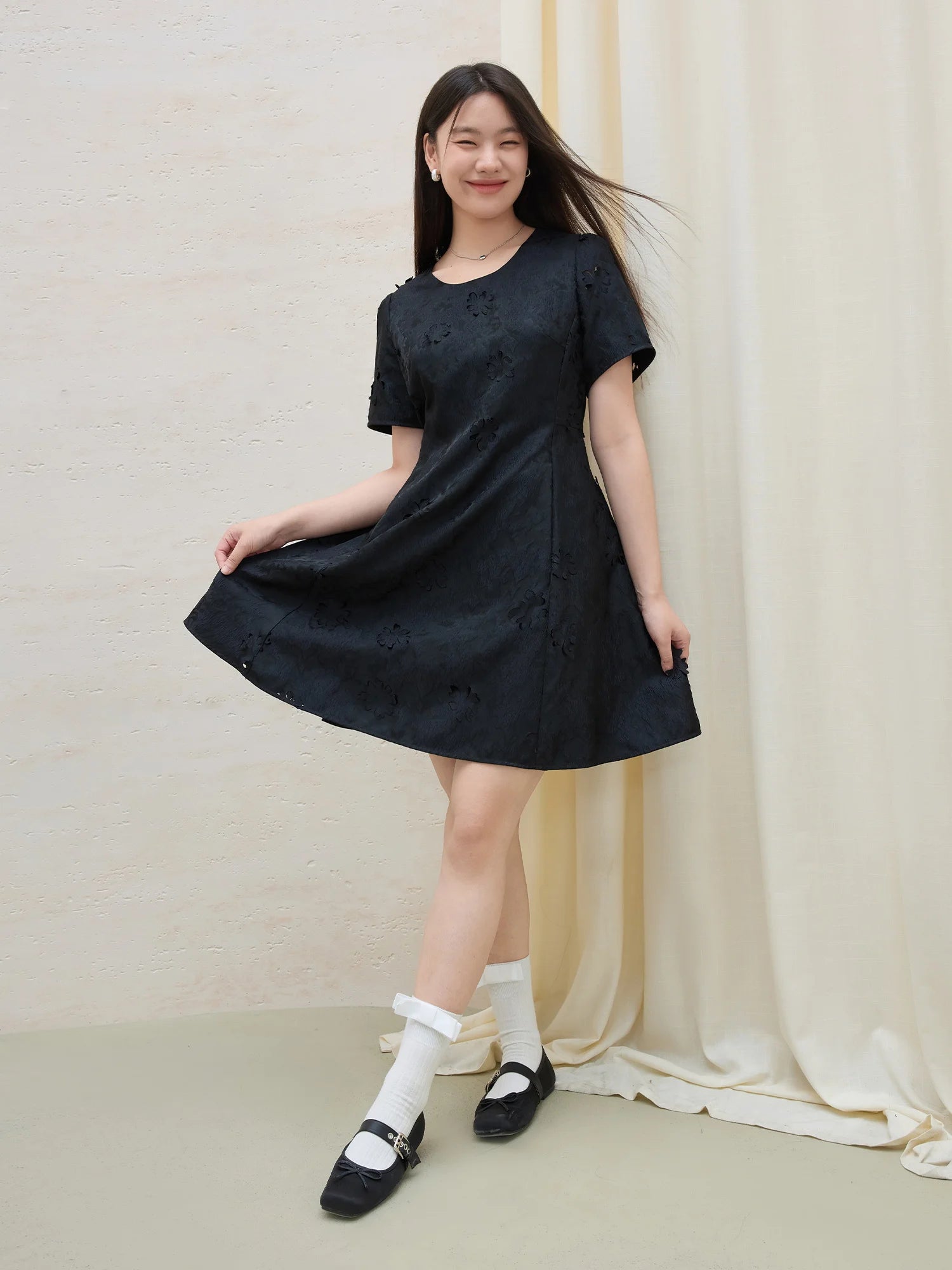 DUSHU 2025 Summer Women's Textured Floral Shift Dress - Midnight Tone & Curvy Silhouette for Office Chic Elegance 25DS82284