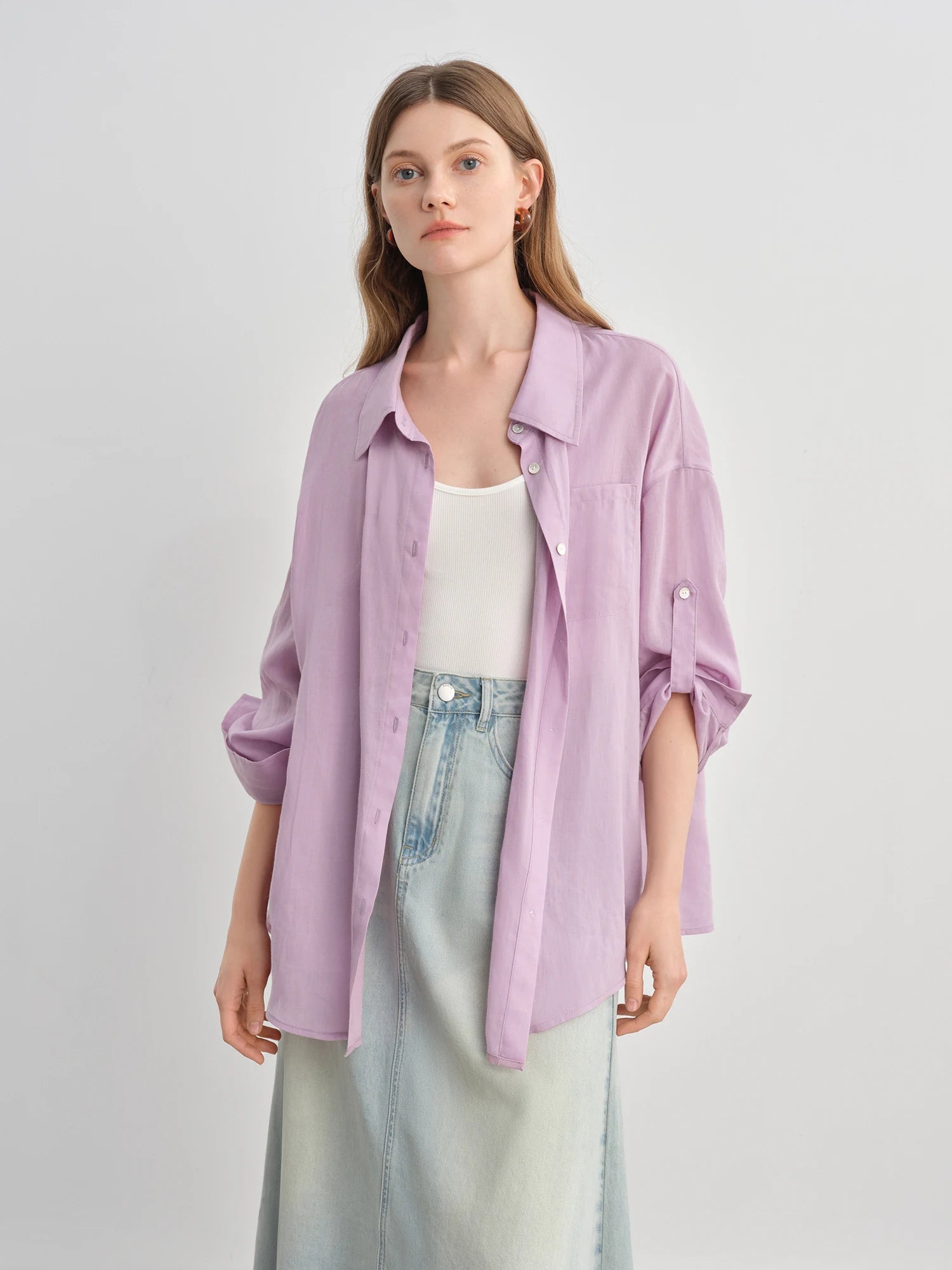 DUSHU  Plus-Size Women's Lyocell Casual Shirt - 2025 Summer New Multi-Color Tencel Linen Blend Commute Top 25DS82718