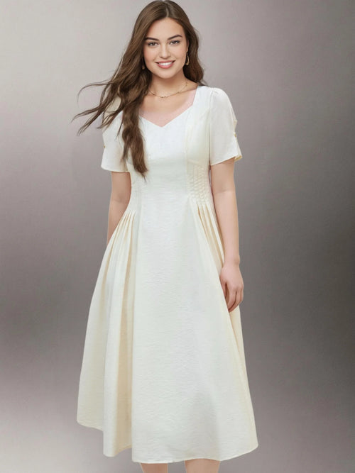 DUSHU 2025 Summer Plus Size Women French-Style Square Neck Elegant Dress - Slimming Waist-Defining Solid White Maxi Dress