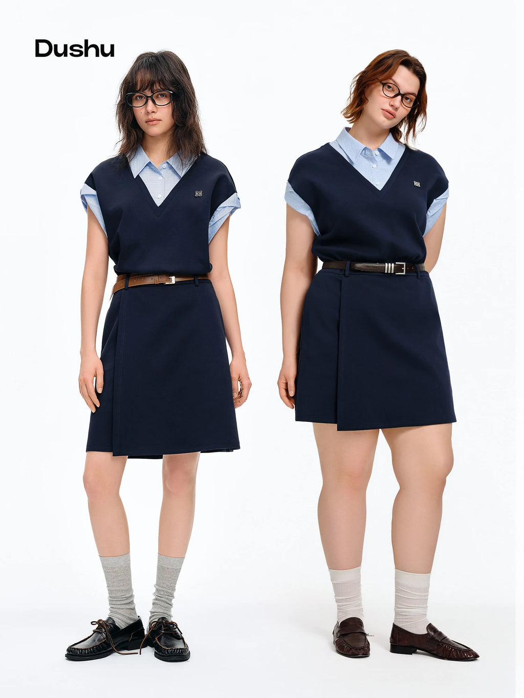 DUSHU Women's Intelligent Color Pseudo-Blazer Blue Checkered Patchwork Dress: Summer 2026 New Arrival Preppy College Style Dress