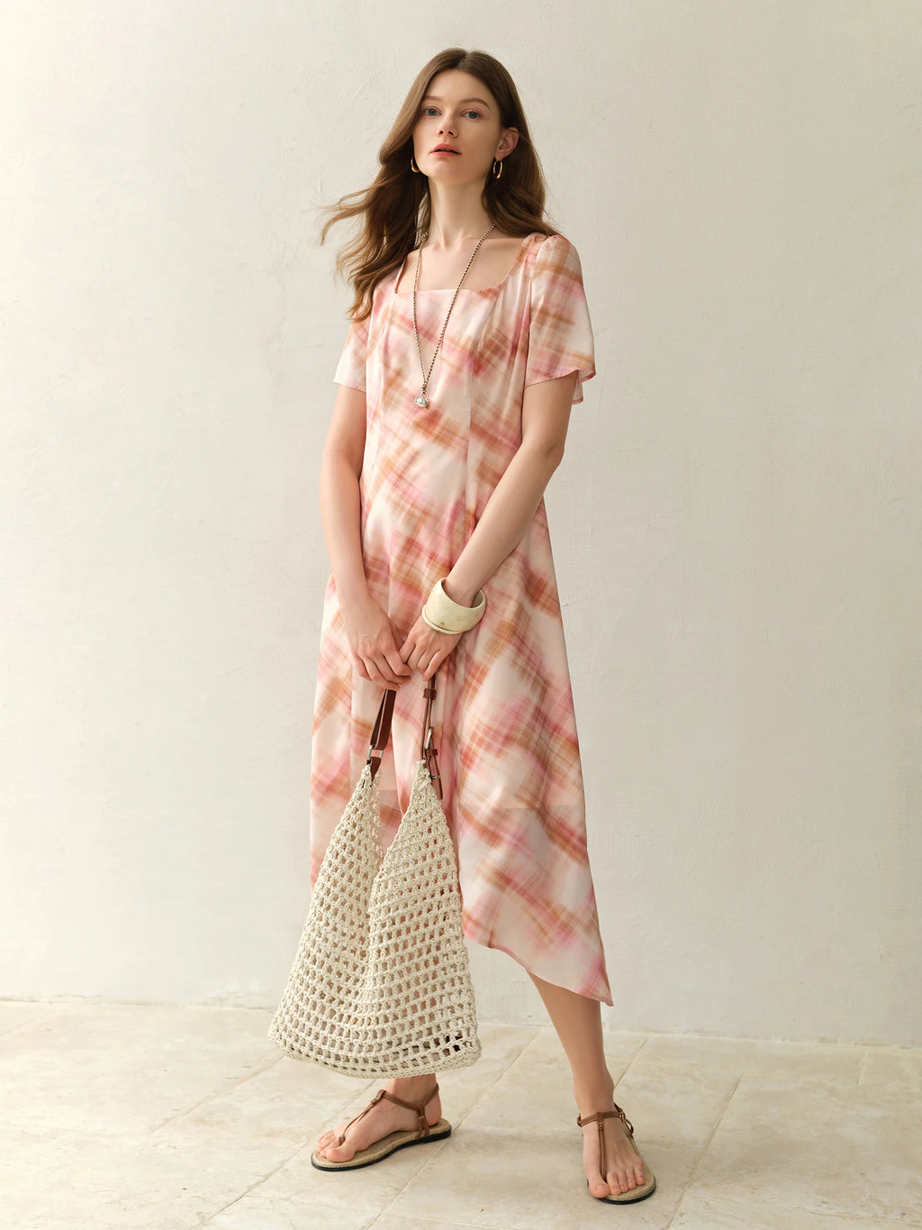 DUSHU Plus Size Women's Apple/Pear Shape French Retro Plaid Waist Dress Short Sleeve Waist Slimming Dress 25DS82373