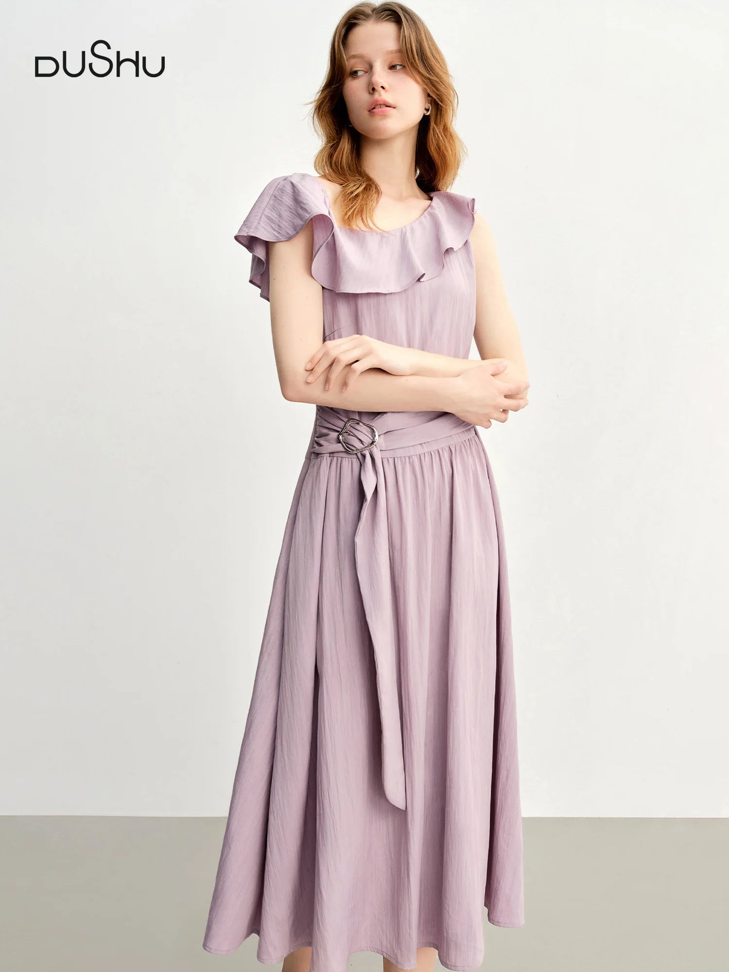 DUSHU Light Purple Romantic Ruffled Off-shoulder Sleeveless Dress 2025 Summer New Arrival Long Dress Holiday Season 25DS88013